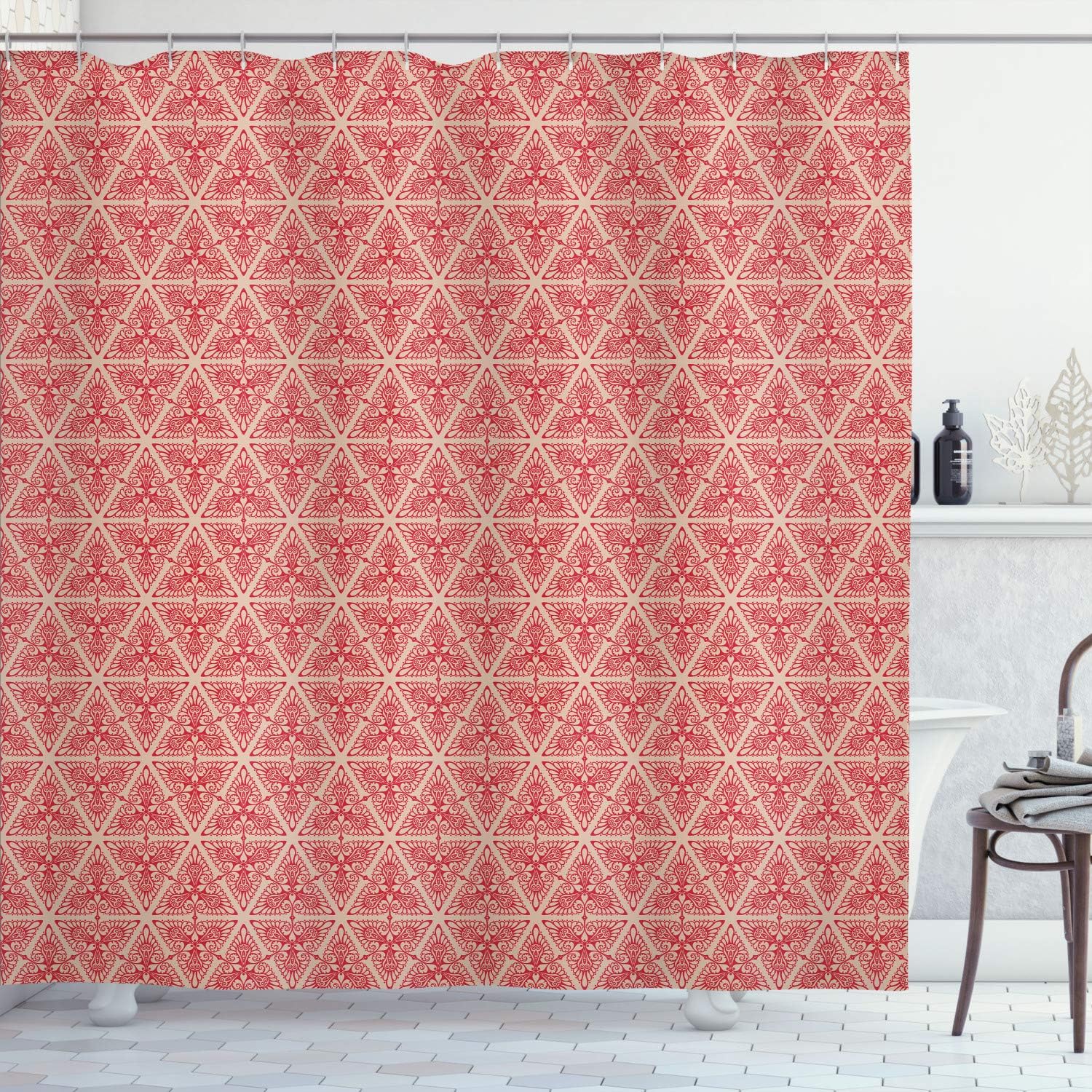 Ambesonne Vintage Shower Curtain, Classical Art Nouveau Style Floral Pattern with Renaissance Inspirations, Cloth Fabric Bathroom Decor Set with Hooks, 70" Long, White Mauve