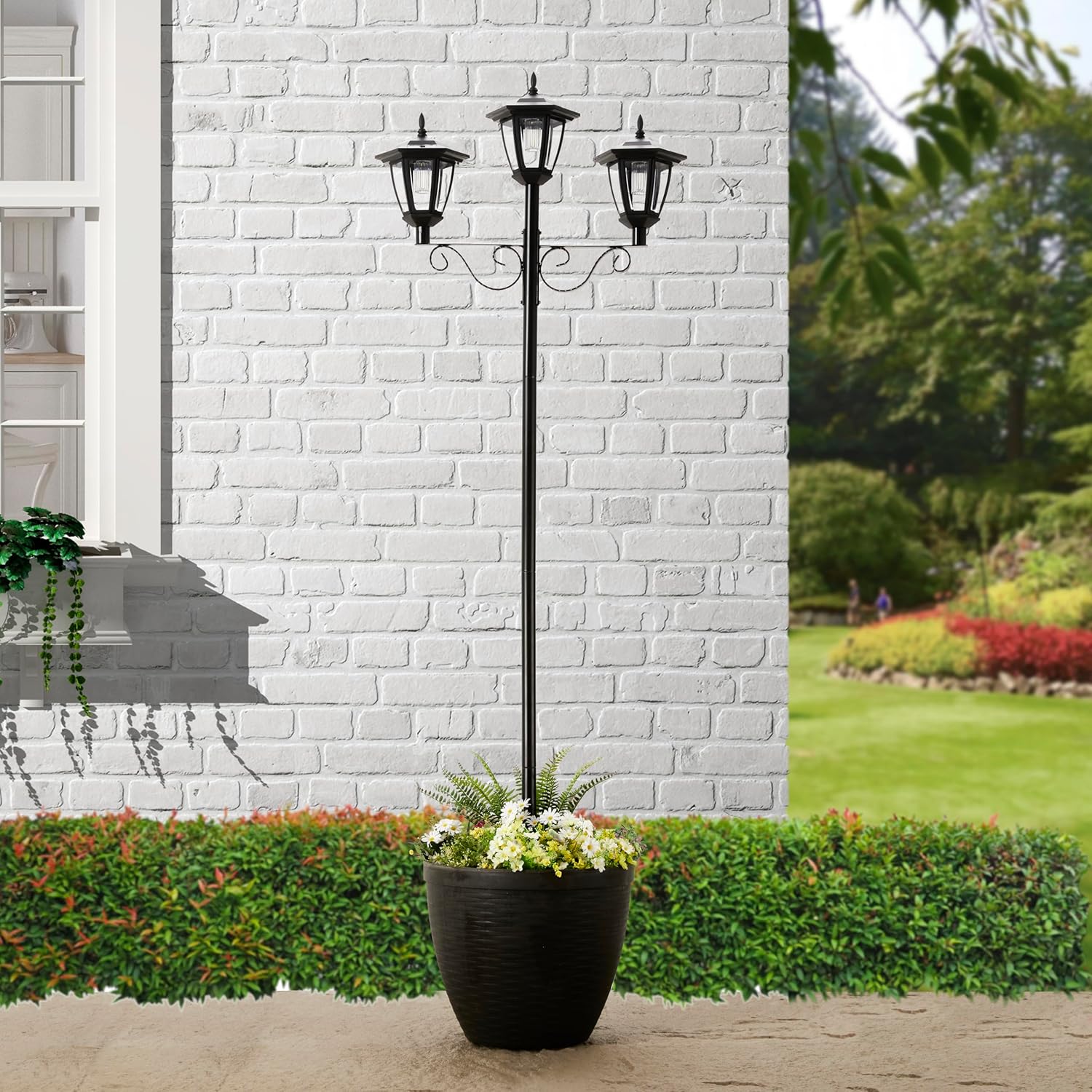 Glitzhome 2Pcs 74” H Outdoor Solar Lamp Post Light Oversized with Planter Pot - 3 Head Street Vintage Garden Solar LED Post Light for Lawn, Pathway, Driveway, Front/Back Door - Warm White