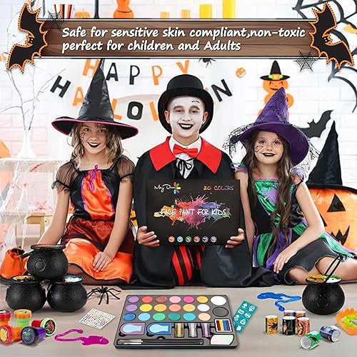 Miniatura 6 de Maydear Kit de pintura facial para niños, paleta de maquillaje a base de agua con plantillas, purpurina, pastel dividido de arco iris, clips de