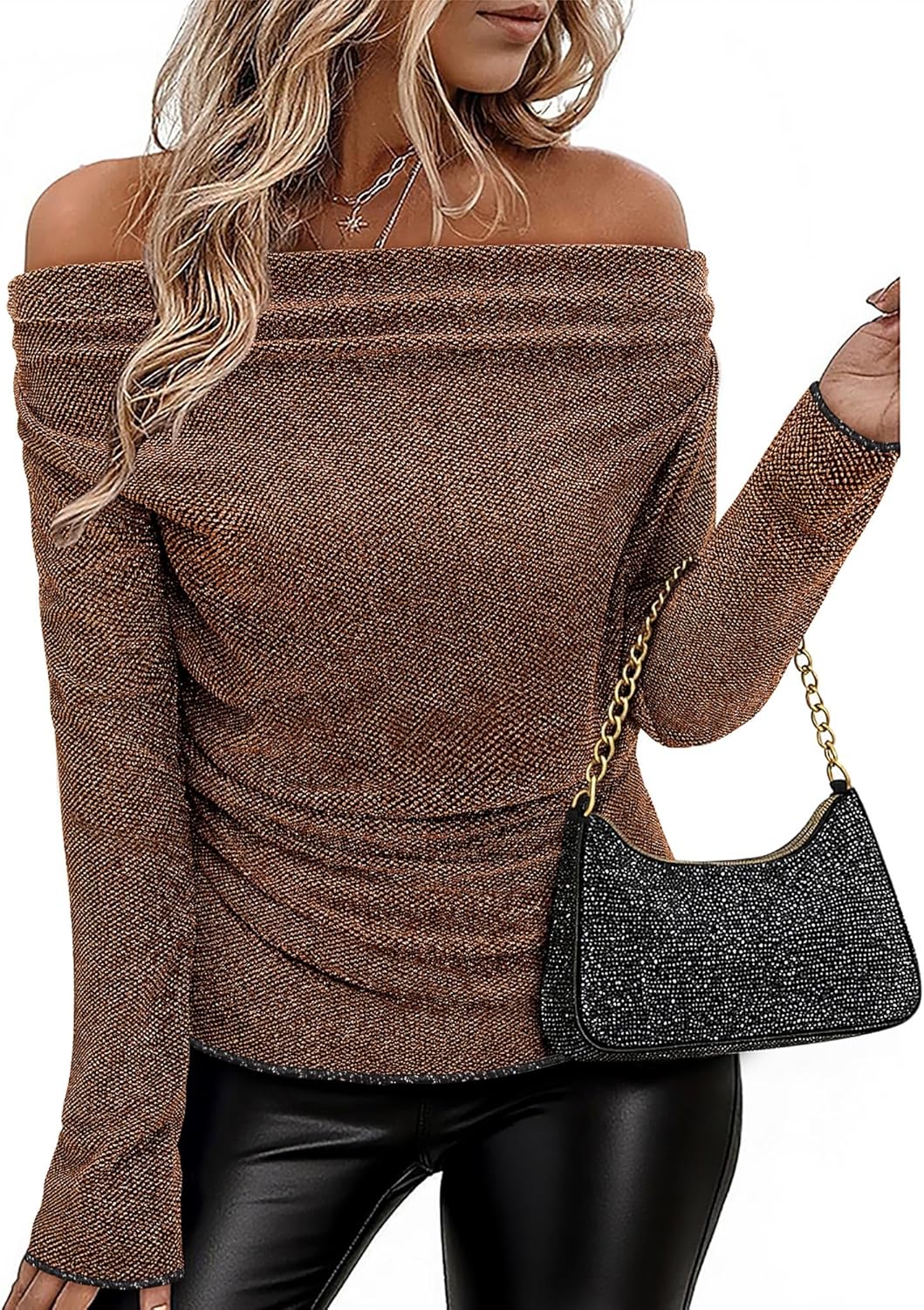 Bebonnie Women's Cowl Neck Long Sleeve Stretchy Sequin Tops Glitter Evening Cocktail Party Slimming Shirts - Image 2