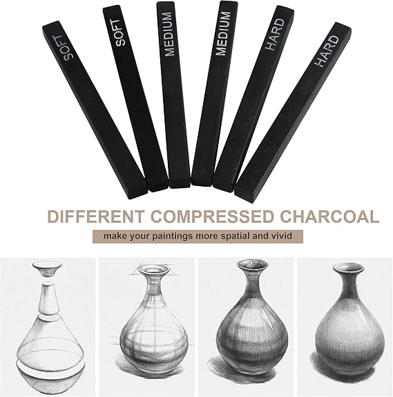 MyLifeUNIT Compressed Charcoal, Square Vine Charcoal Sticks for Drawing, Pack of 6 (2 Soft, 2 Medium and 2 Hard)