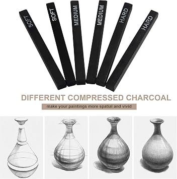 MyLifeUNIT Compressed Charcoal, Square Vine Charcoal Sticks for Drawing, Pack of 6 (2 Soft, 2 Medium and 2 Hard)