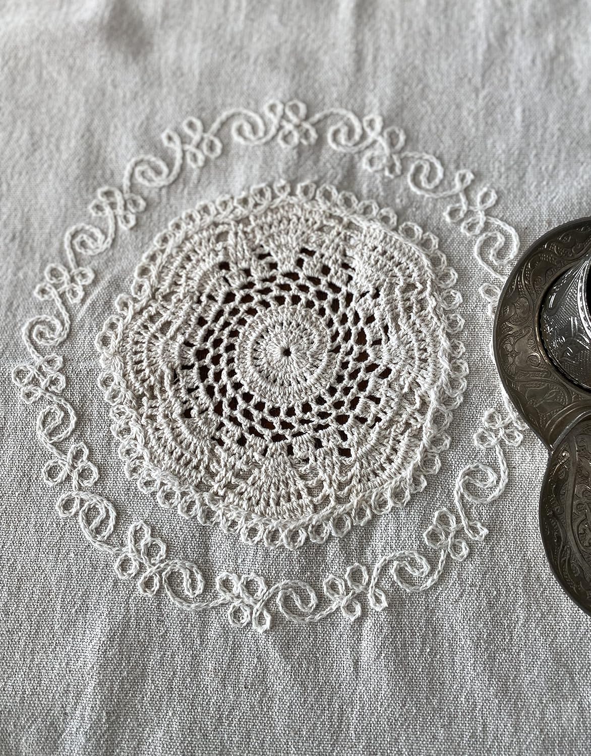 Secret Sea Collection: Elegant Handmade Embroidered Cotton Linen Table Runner with Natural Lace (15" x 52")