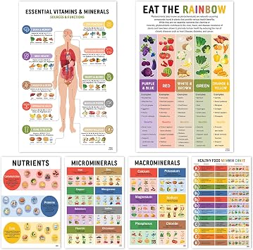 6 Pcs Healthy Food Chart Posters 11"x17" Healthy Protein Posters Vitamins Mineral Nutrition Food List, Fitness Meal Nutrient Density Chart Protein Fiber Foods for Kitchen School Nurse Clinic Decor