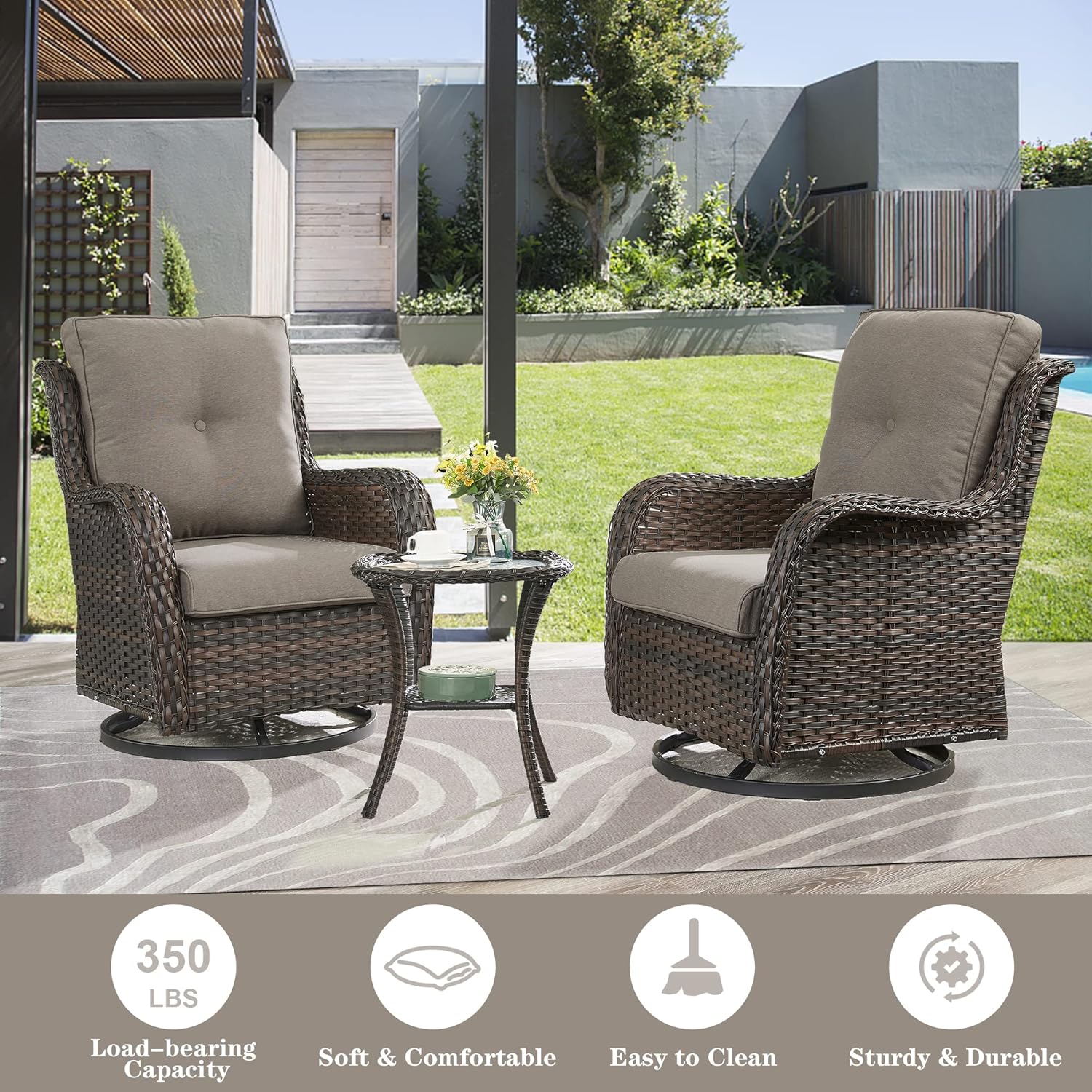 Belord 5 Piece Wicker Patio Furniture Set, Outdoor Swivel Rocker Chairs Set of 2 with Ottomans and Side Table, All Weather Patio Conversation Furniture Set, for Porch Pool, Brown Wicker/Gray