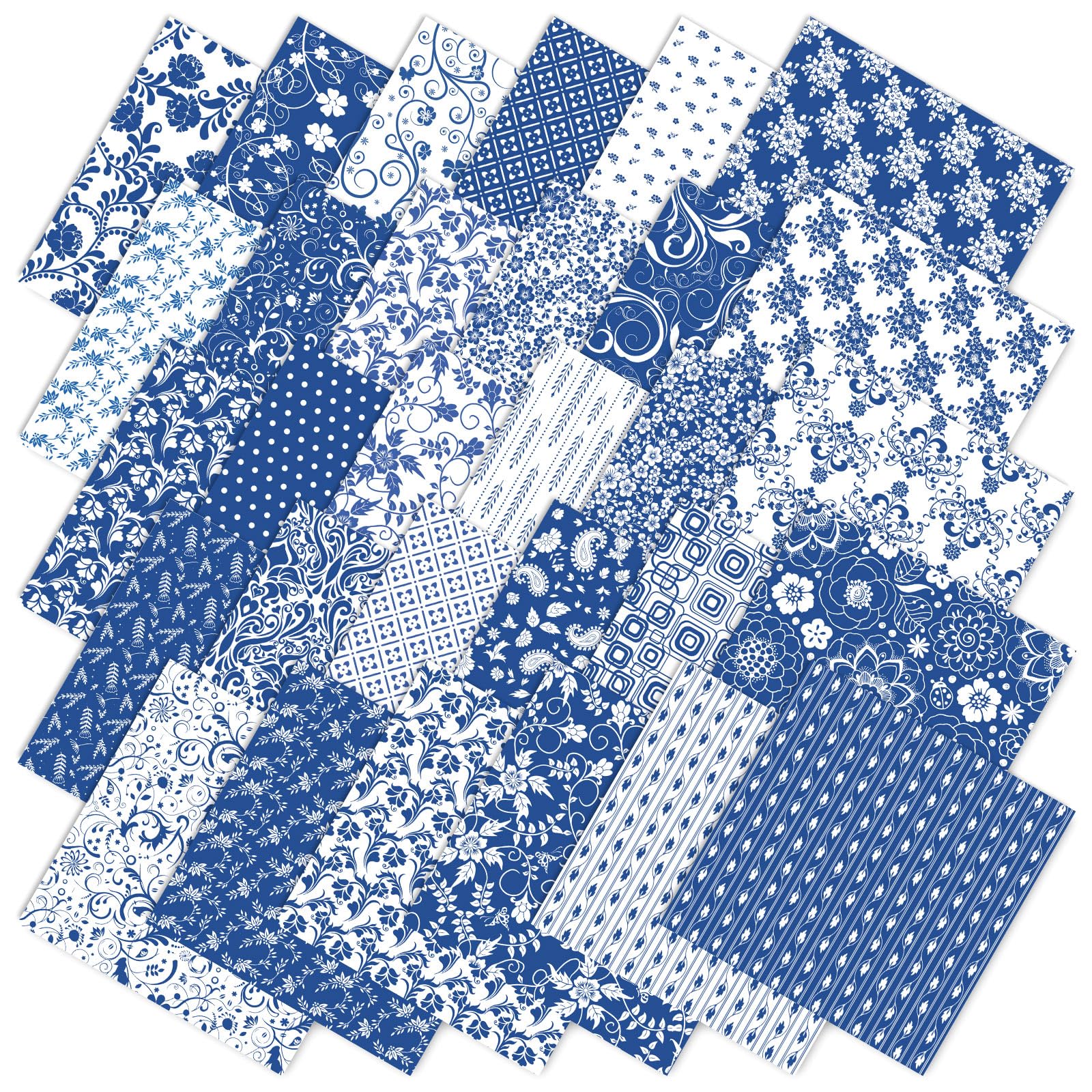 Whaline 60Pcs Flower Cotton Fabric Bundles Blue White Floral Fabric Square Chinoiserie Flower Sewing Fabrics for DIY Handmade Crafting Party Decor, 10