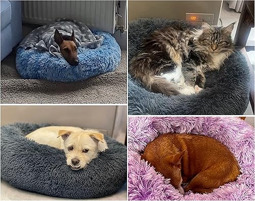 Miniatura 7 de Cama calmante en forma de dona, cojín redondo de 23 pulgadas con funda extraíble lavable, piel sintética antiansiedad, cama mullida y cómoda para