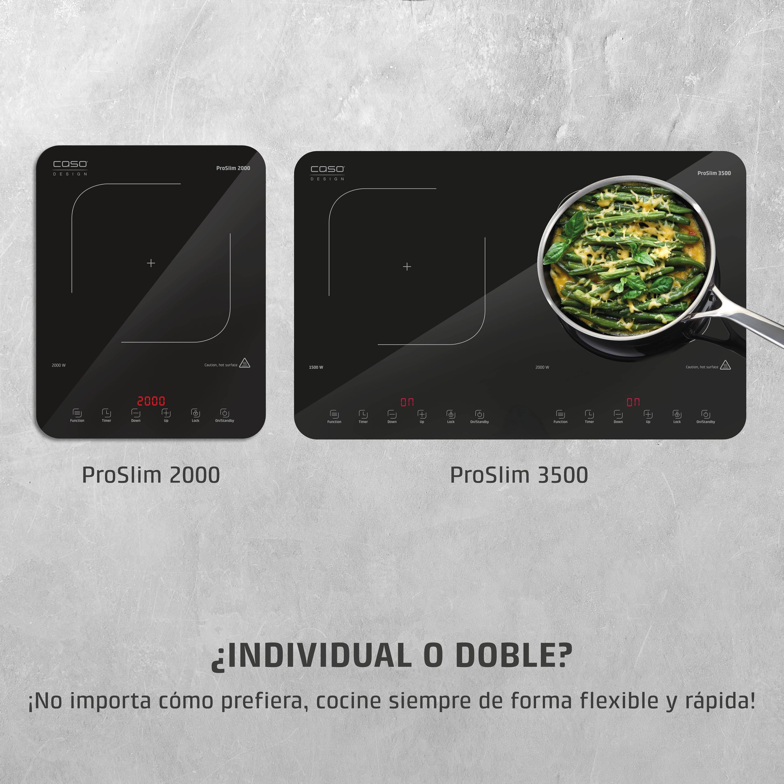 CASO ProSlim 2000 - Placa de Inducción portátil con 10 niveles, Control Táctil, Cocina para camper, viajes y campings, Detector de Sartenes,Control Seguridad niños, 39x29x3 cm, 2,3kg - negra