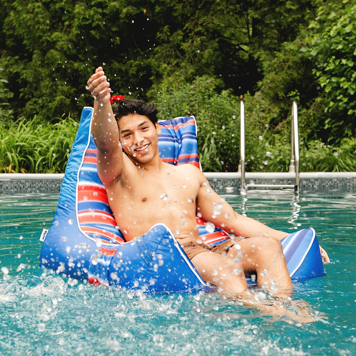 Big Joe Captain's Float No Inflation Needed Pool Lounger with Drink Holder, Blurred Americana Double Sided Mesh, 3ft