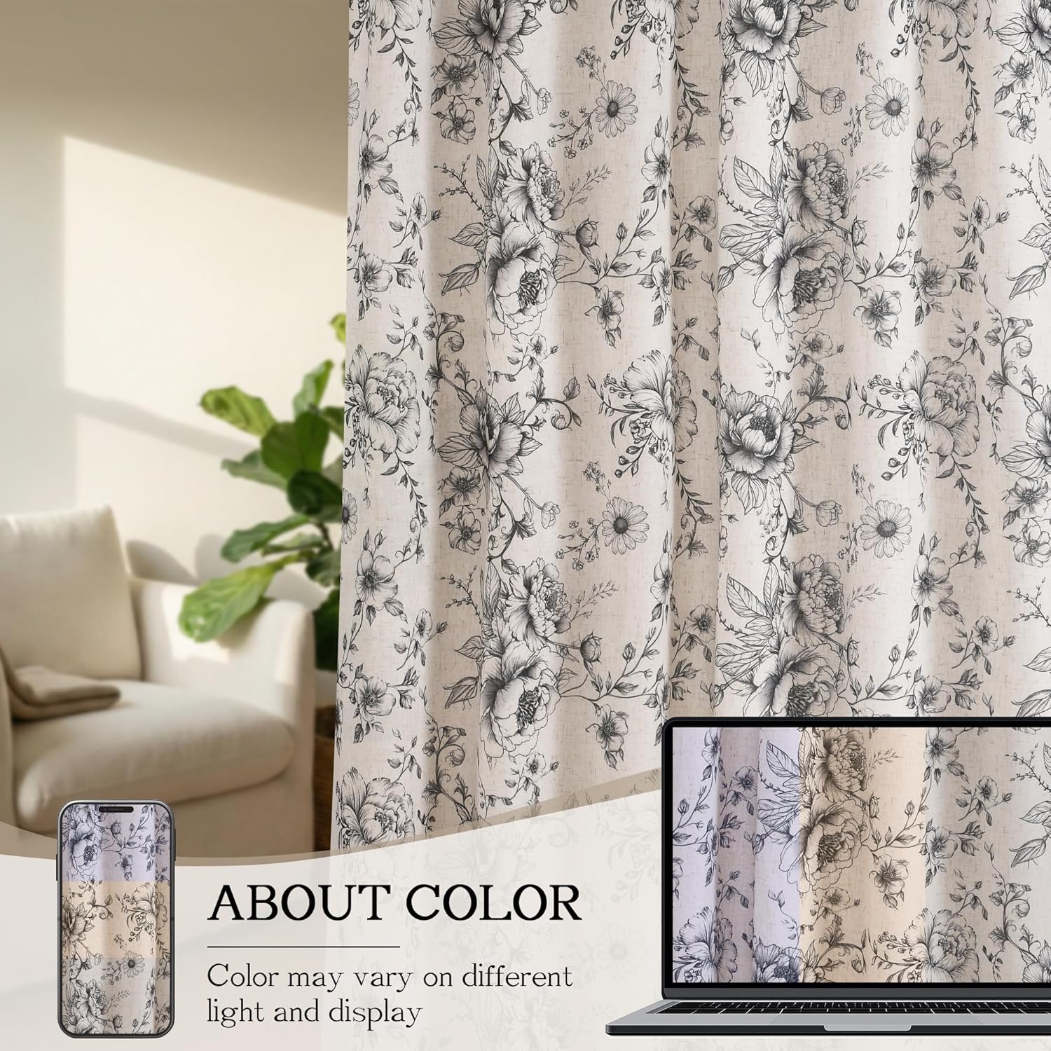 XWZO Floral Curtains for Living Room Linen Farmhouse Curtains 84 Inch Length Black Floral Patterned Curtain Peony Flower Printed Back Tab Curtain Bedroom Window Drapes 2 Panels
