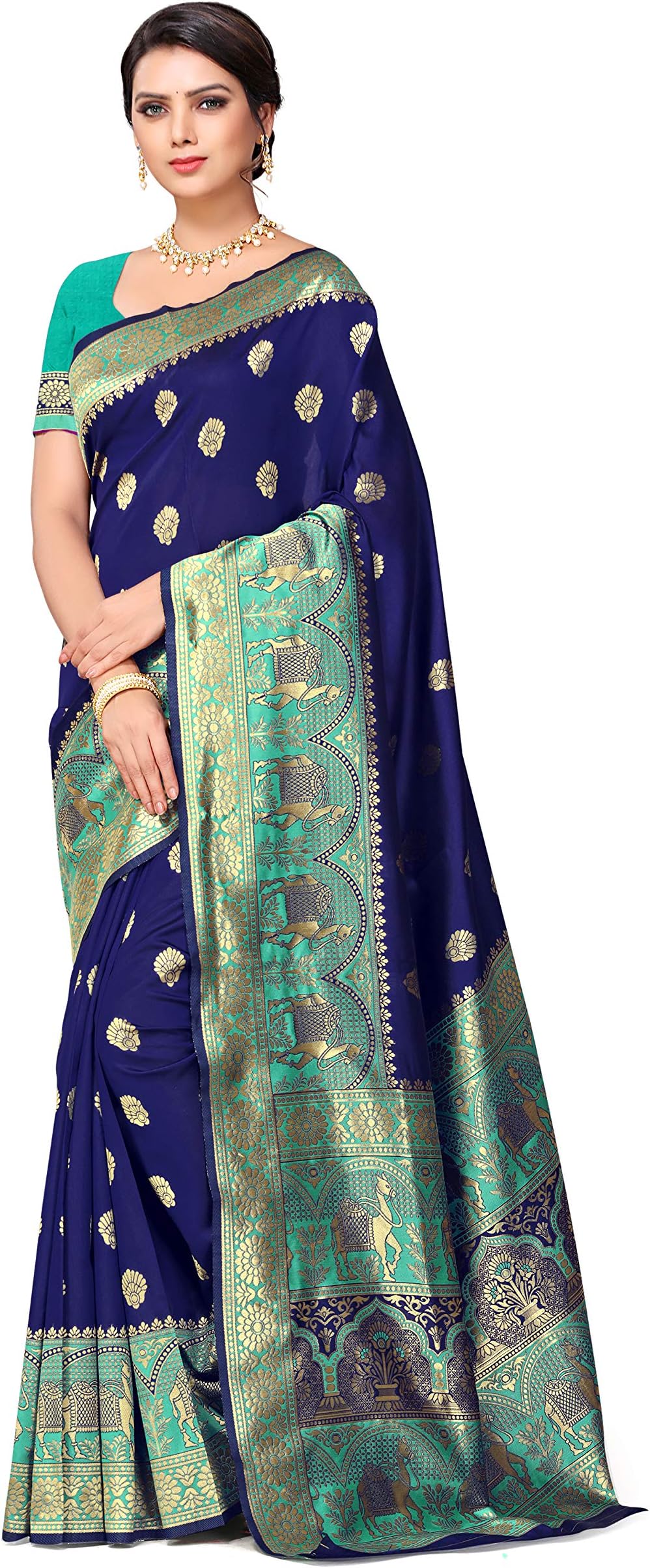 KILI FASHION Women's Regular Fit Camel Design Jacquard Banarasi Art Silk Saree with Blouse Piece for festival Wedding (Blue, Free Size)