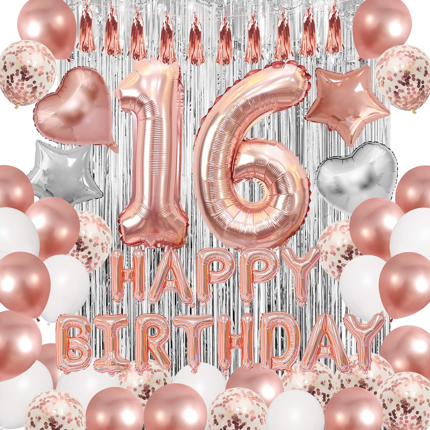 Happy Birthday Decorations for Women Girls, String Lights Happy Birthday Star Heart Foil Confetti Latex Rose Gold Balloons Tassels for Rose Gold Birthday Party Decorations Supplies : Home & Kitchen
