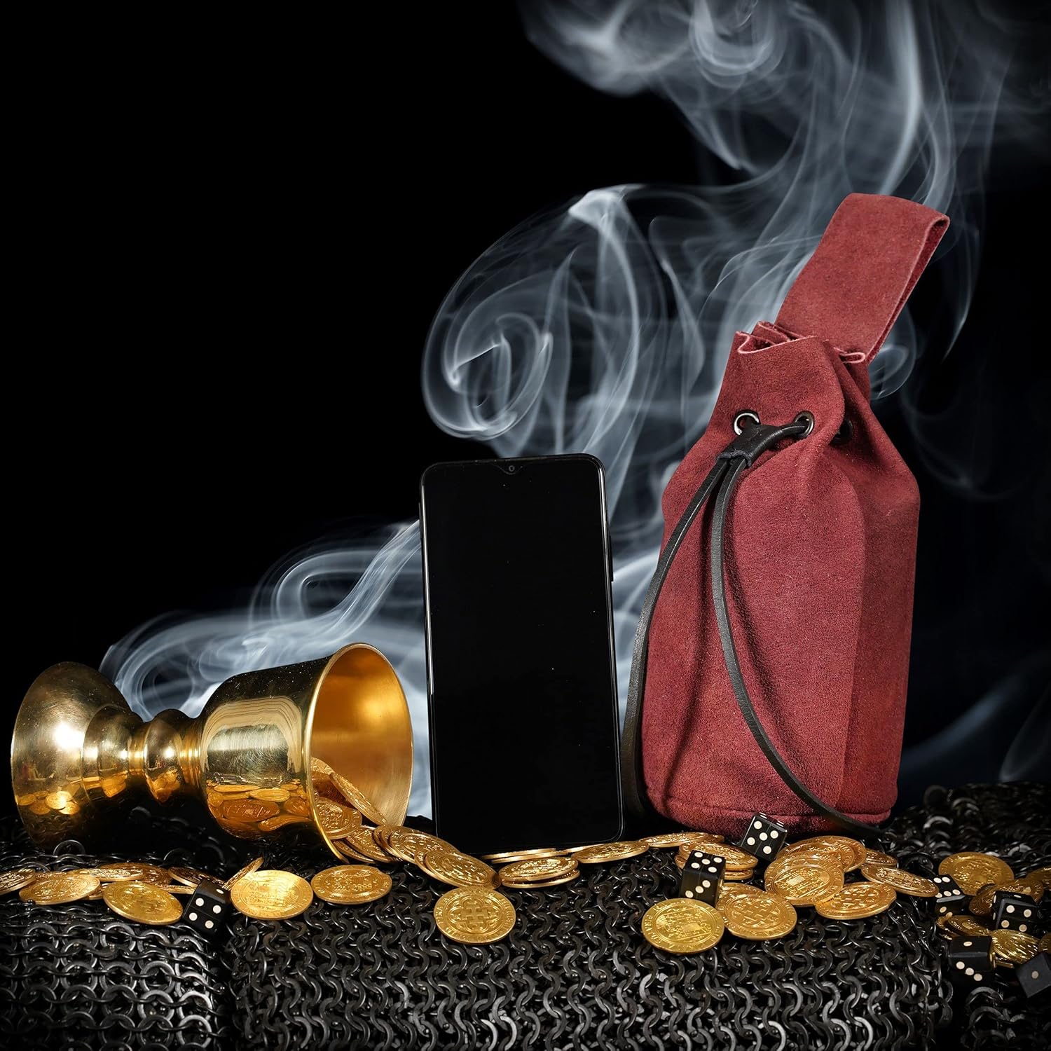 Mythrojan Drawstring Belt Bag Renaissance Costume Accessories Medieval Suede Leather Purse Viking Coin Jewelry Pouch Waist Bag for LARP, Festivals, Renfaire, Reenactments - Wine Red, 8" x 6.5" - Image 5