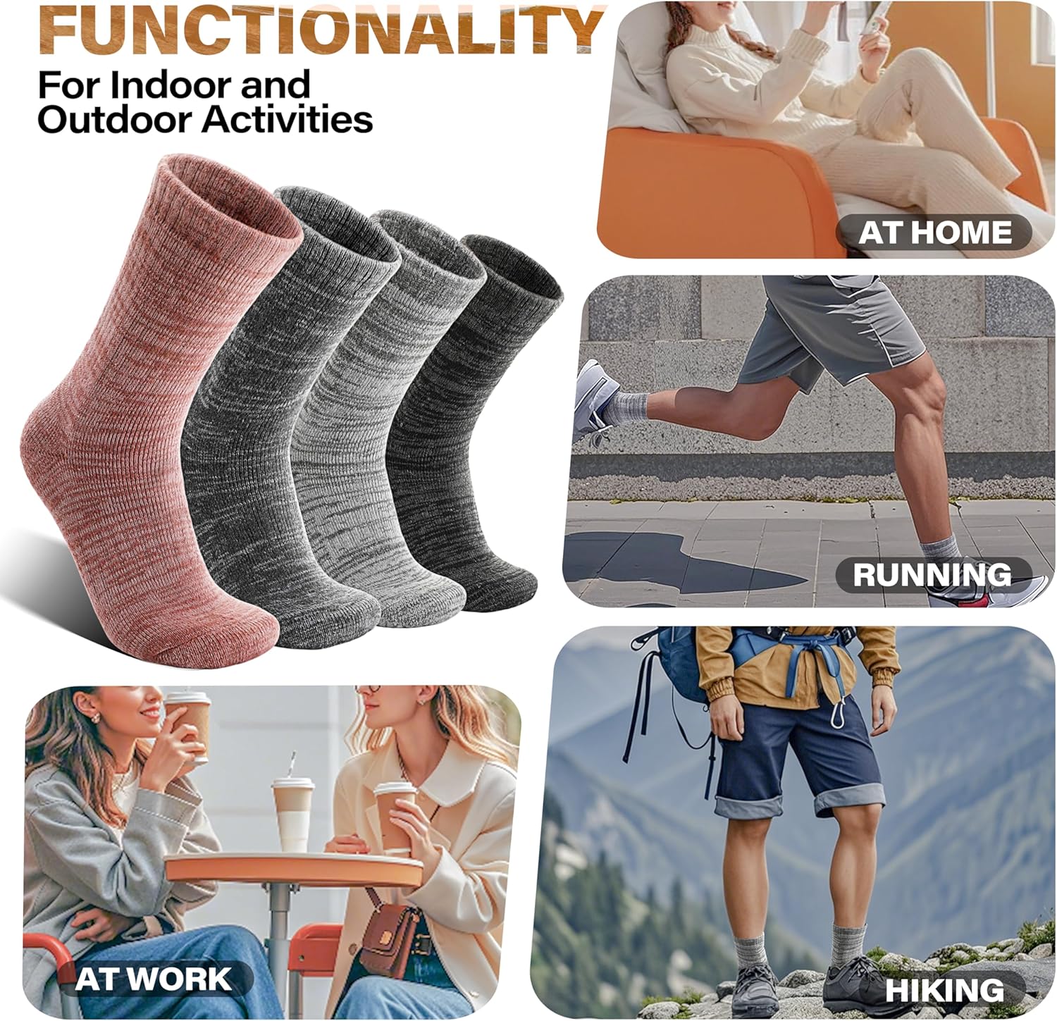 Anlisim Merino Wool Warm Boot Hiking Socks Thermal Extra Thick Winter Cozy Crew Comfy Cushioning Work Women Men Socks 4 Pairs - Image 7