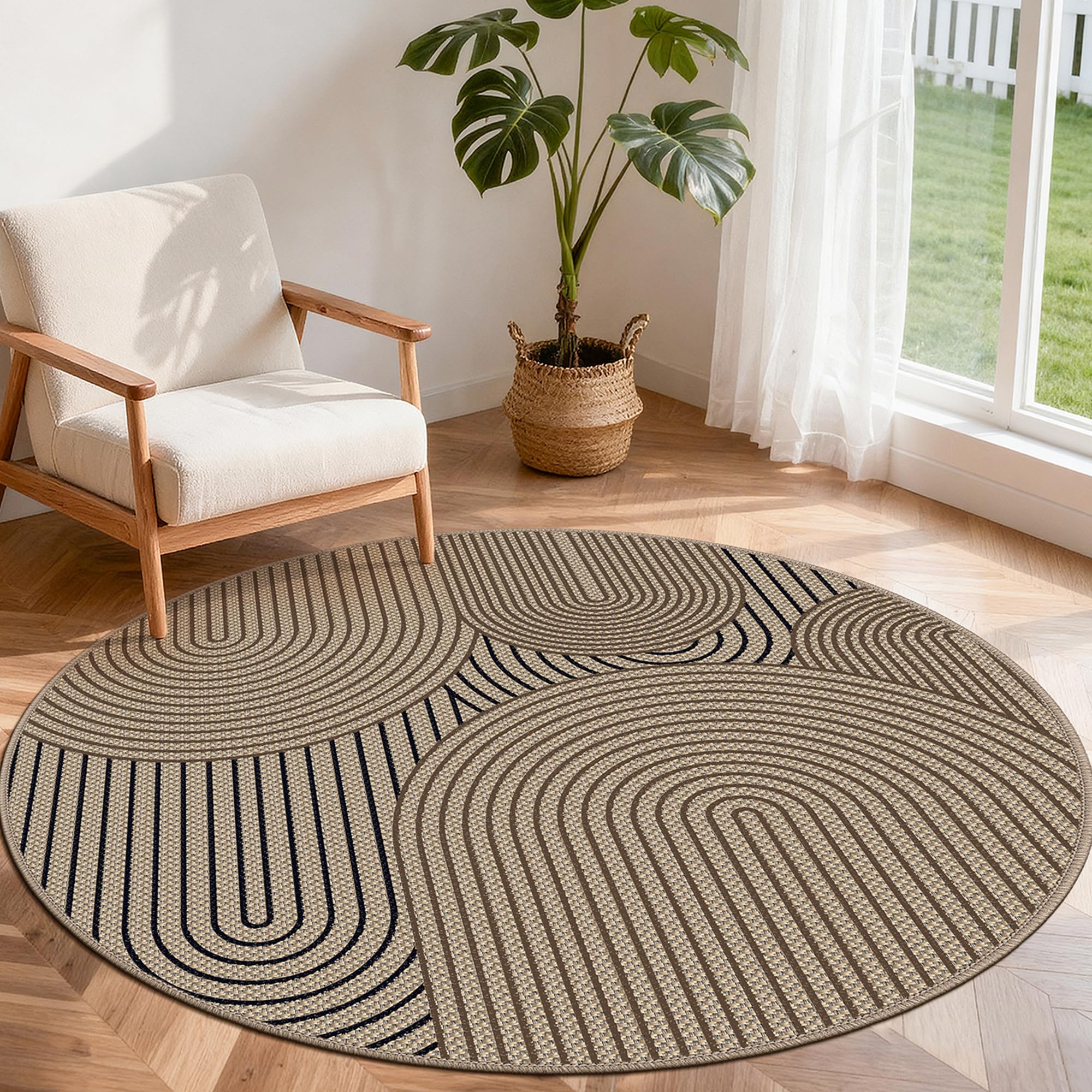 Teppich rund 160 cm, Leichter Jute Aussehen Teppich, Rutschfest Wohnzimmerteppich, Outdoor Teppich Waschbarer, Minimalistisch Boho Teppich Braun für Schlafzimmer, Wohnzimmer und Balkon