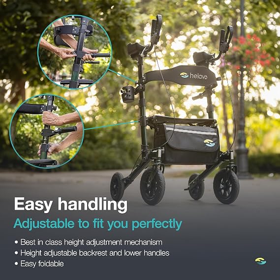 Helavo Upright Walker with Seat, Foldable Stand Up Walker with Rubber Tires