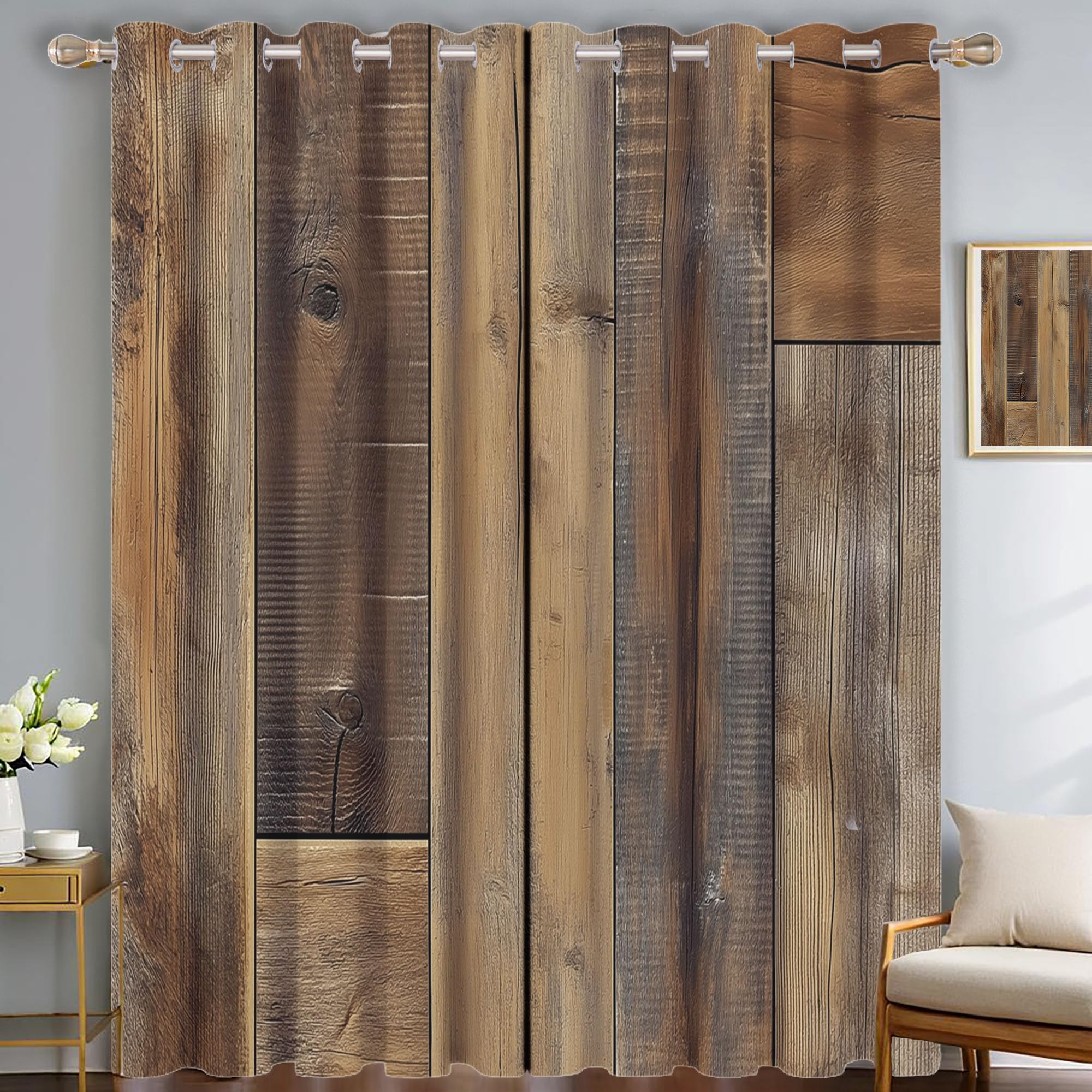 Geometrische Holzmaserung Vorhänge, Verdunklungsvorhänge Mit Muster Tan Vintage Bauernhaus, Vorhang Blickdicht Mit Ösen, Gardinen Für Wohnzimmer Schlafzimmer 2Er Set - H200Xb140