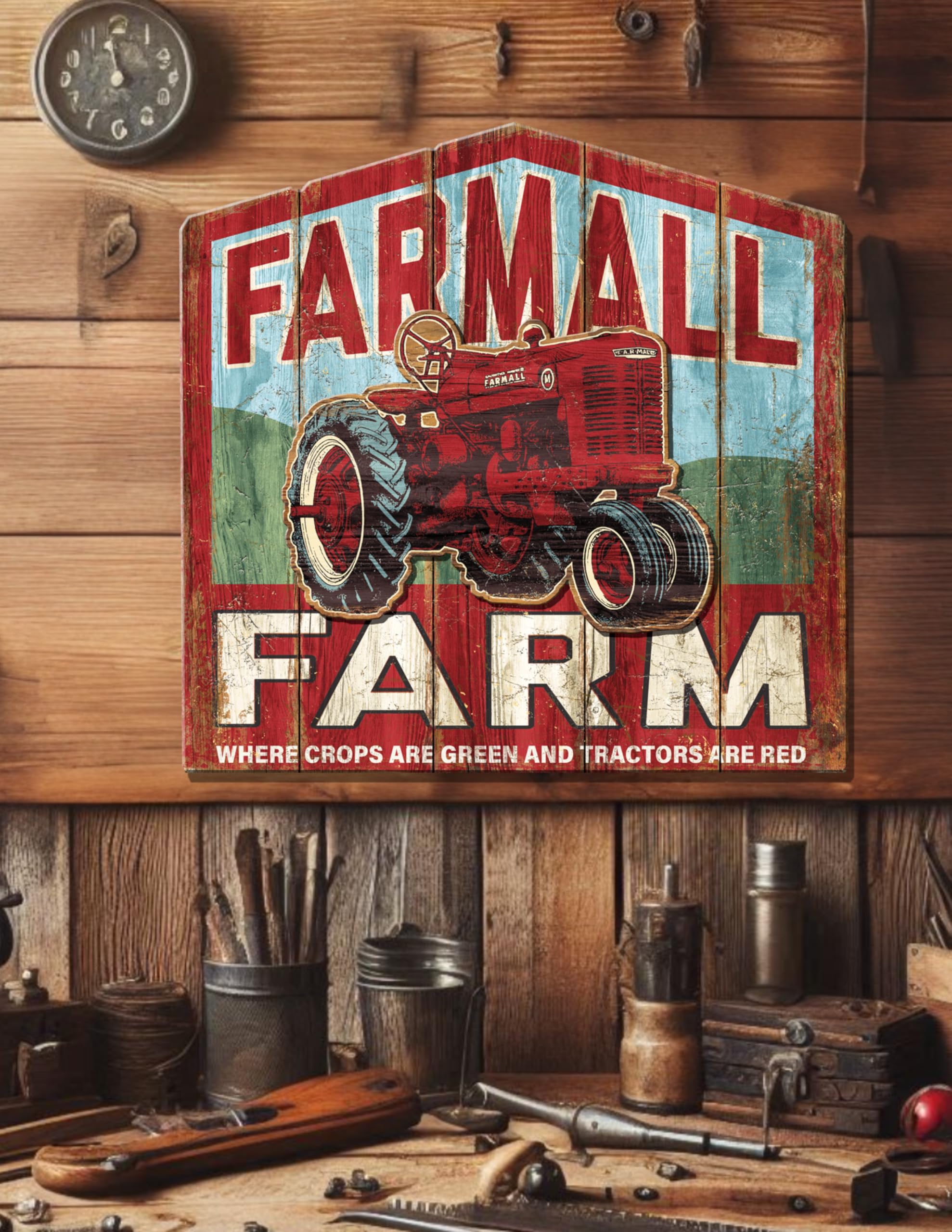 Desperate Enterprises Farmall Farm - Letrero de madera MDF - Señales de tractor - Señales vintage nostálgicos - Fabricado en los Estados Unidos