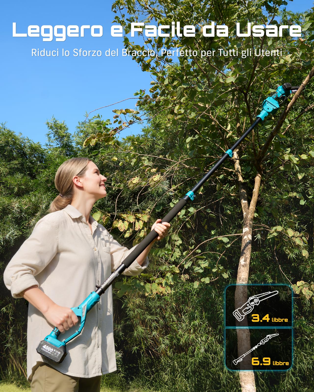 SEESII 2-in-1 Potatore Telescopico a Batteria, 6 Pollici Mini Motosega Brushless con 2 x 4000 mAh Batterie, Portata 4,87 m, Ideale per Esterno e Giardinaggio