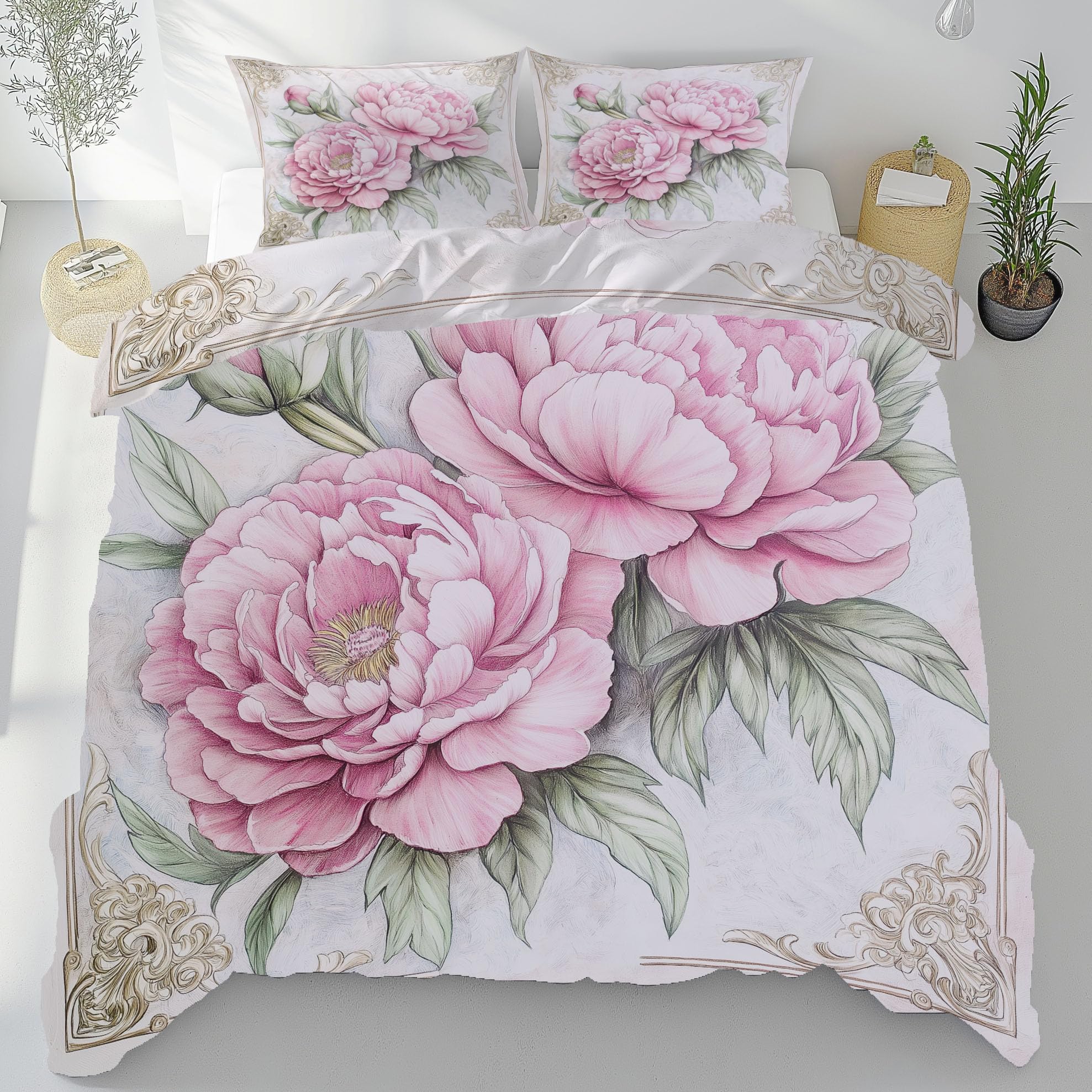 Housse de couette floral pivoines 240x260 parure de lit été microfibre zippée