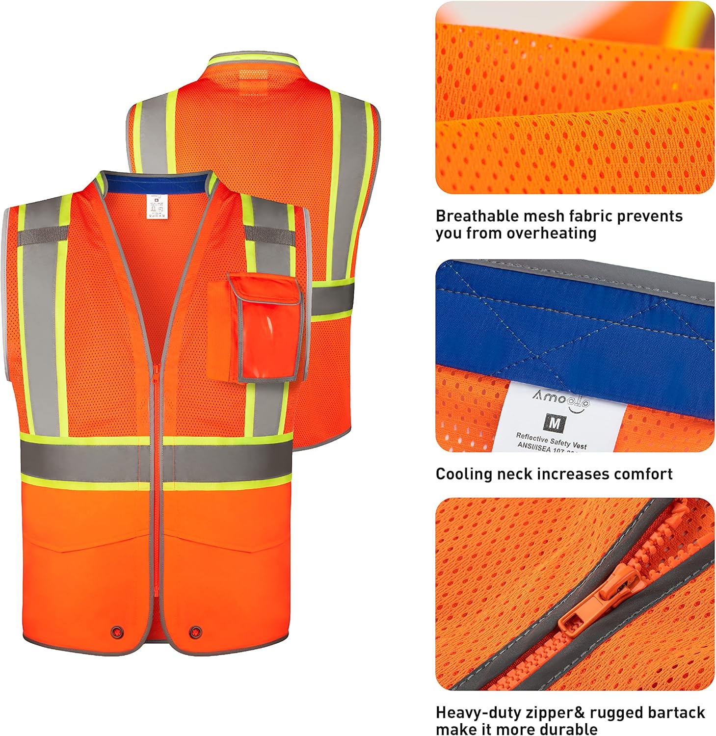 amoolo Mesh Safety Vest with Pockets, High Visibility Reflective Vest for Working and Running, Class 2 Orange Safety Vest, M - - 