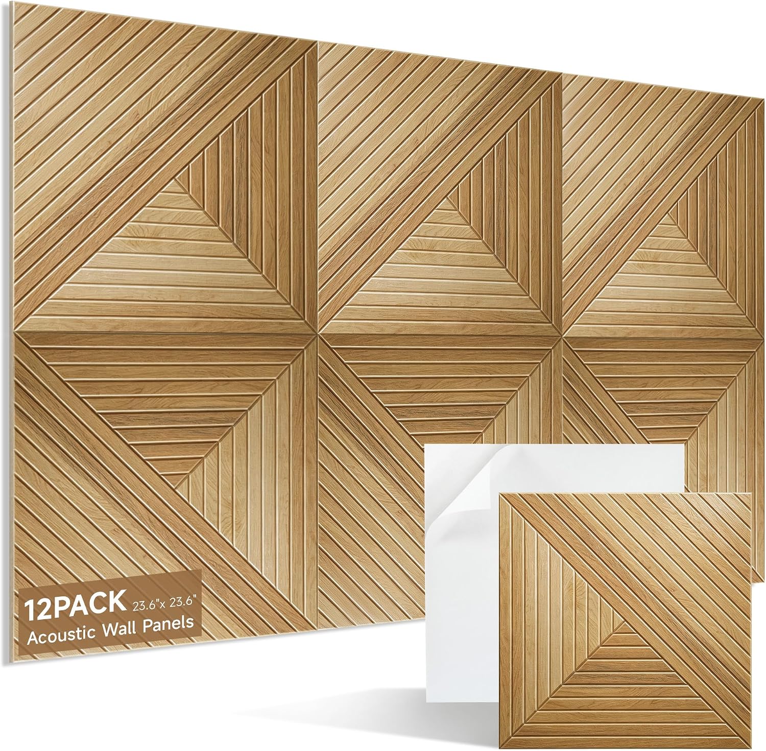 Acoustic Wall Panels, 12-Pack 23.62x23.62 in, Decorative Sound Absorbing Panels, Self-Adhesive for Wall/Ceiling, Noise Reduction Wall Art for Home Studio Office, Natural Oak