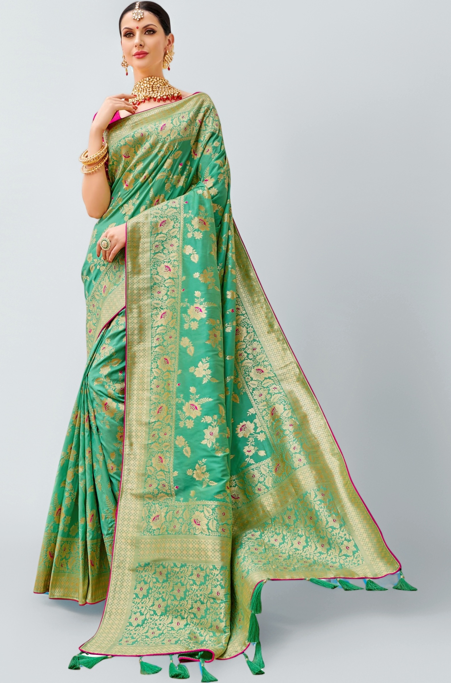 Women's Banarasi Silk Blend Zari Woven Work With Tussles Saree and Embroidered Work Blouse Piece(37769 color)