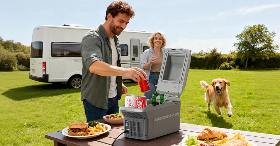 Bild 6 - Upstreman Kompakte 9L Elektrische Kühlbox mit Heizfunktion, Mini Kühlschrank kühlt & wärmt, 3kg Leichtbau mit Tragegurt, 12/24V & 220-230V Betrieb, für Reisen, Camping & Büro, Grau-AR09