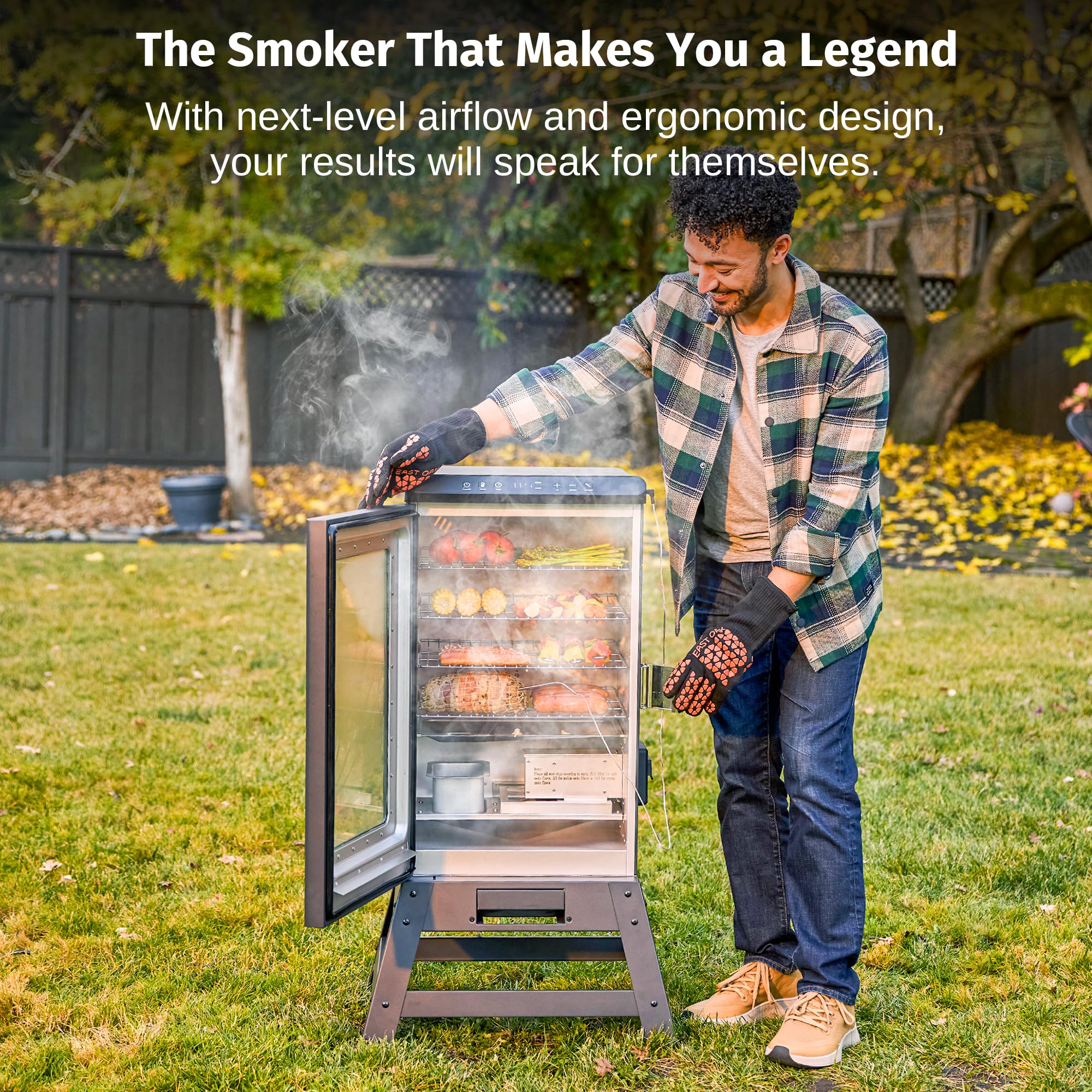 EAST OAK Ridgewood Pro 30" Electric Smoker Built-in Meat Probe & Elevated Stand for Outdoors Up to 6× Longer Smokes, Adjustable Side Chip Loader Smoke with 725 sq in Cooking Area, Night Blue - 3