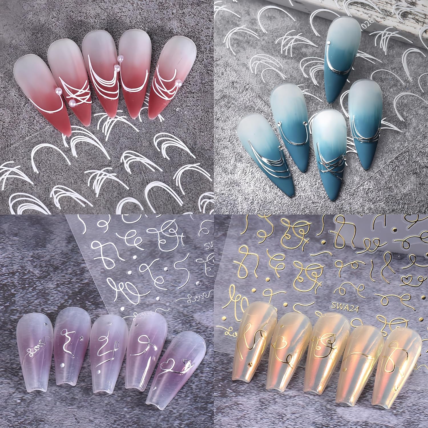 8 Sheets French Line Nail Art Stickers 3D Self-Adhesive Exquisite Gold and Silver White Metallic Designs Nail Decals Irregular French Line Nail Supplies for Women and Girls DIY Nail Art Decoration image 4