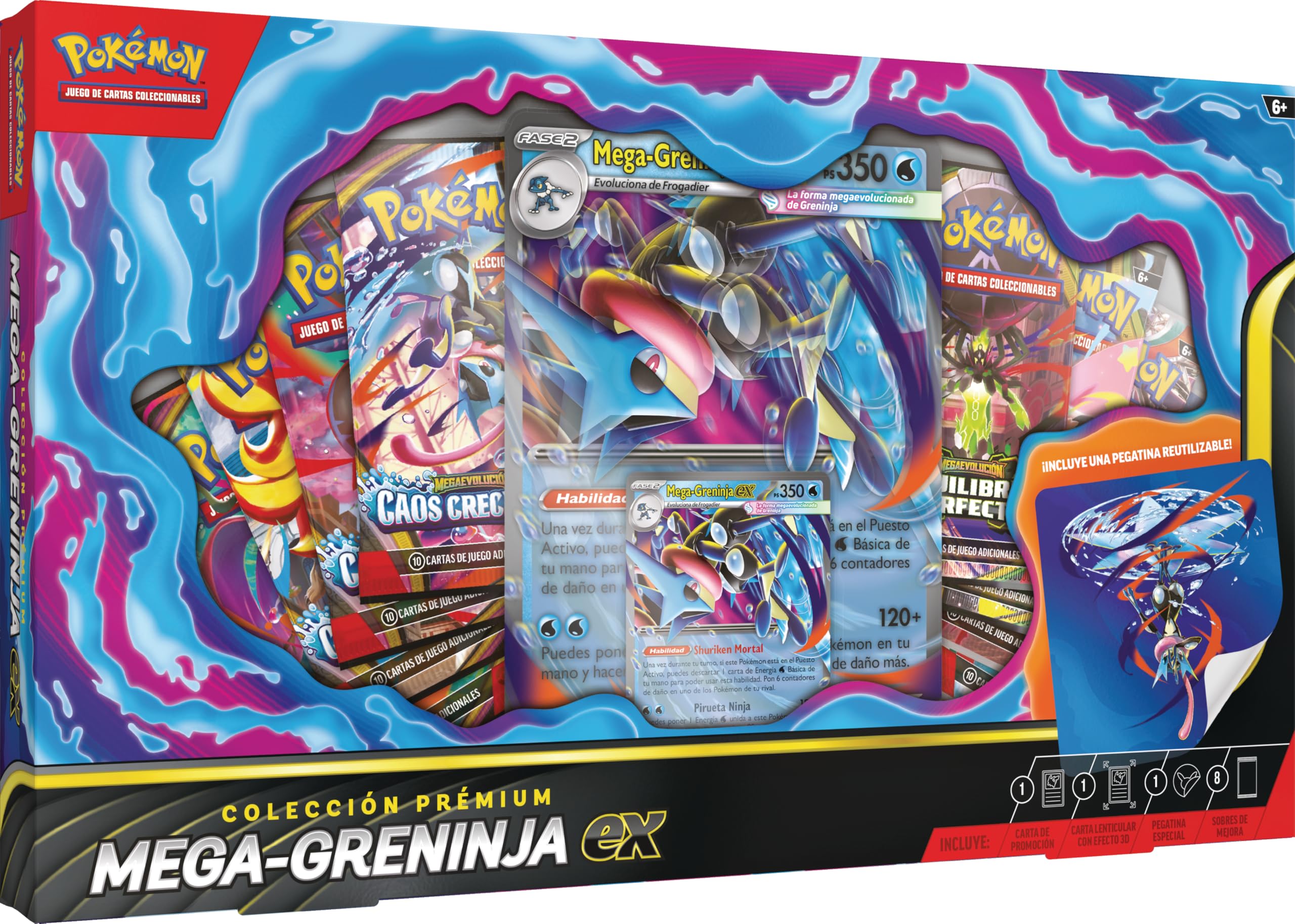 Pokémon: Colección prémium Mega-Greninja ex (1 Carta holográfica de promoción, 1 Carta de promoción de Gran tamaño con Efecto 3D y 8 Sobres de Mejora)