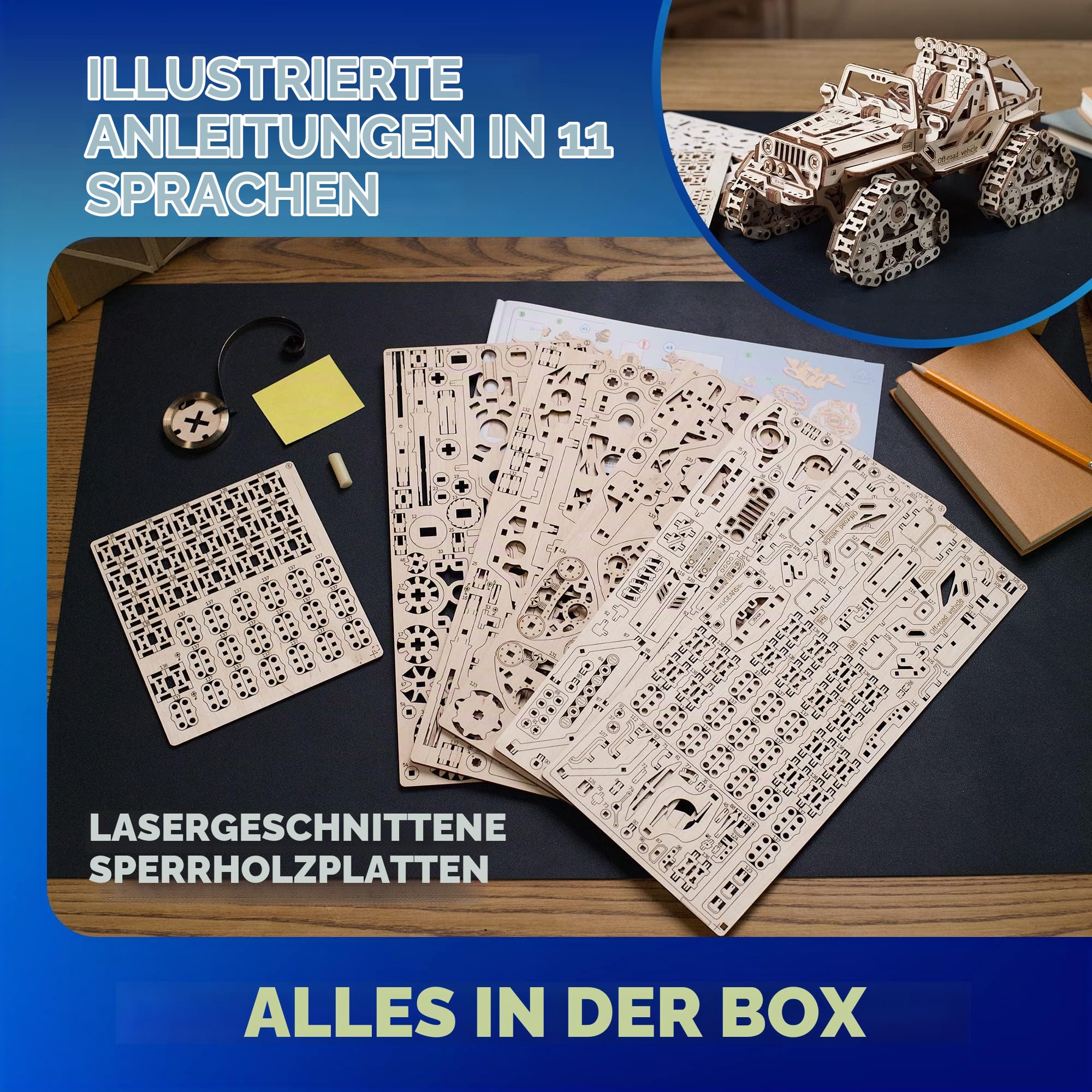 UGEARS Geländefahrzeug mit Kettenantrieb - 3D Holzpuzzle Modellbausatz Auto - 3D Puzzle Automodelle zum Selber Bauen Männer und Fans von Ketten ATV Fahrzeugen