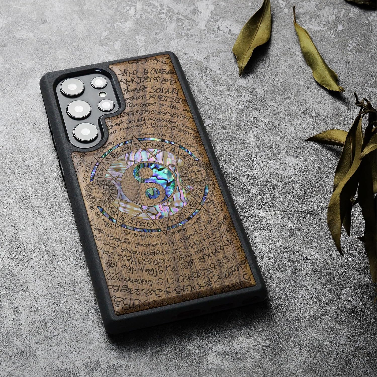 Carveit Designer Wooden Case for Samsung Galaxy S23 Ultra Cover [Wood Engraving & Shell Inlay] Compatible with Wireless Chargers S23 Ultra Case (Yin Yang and Star-Walnut)
