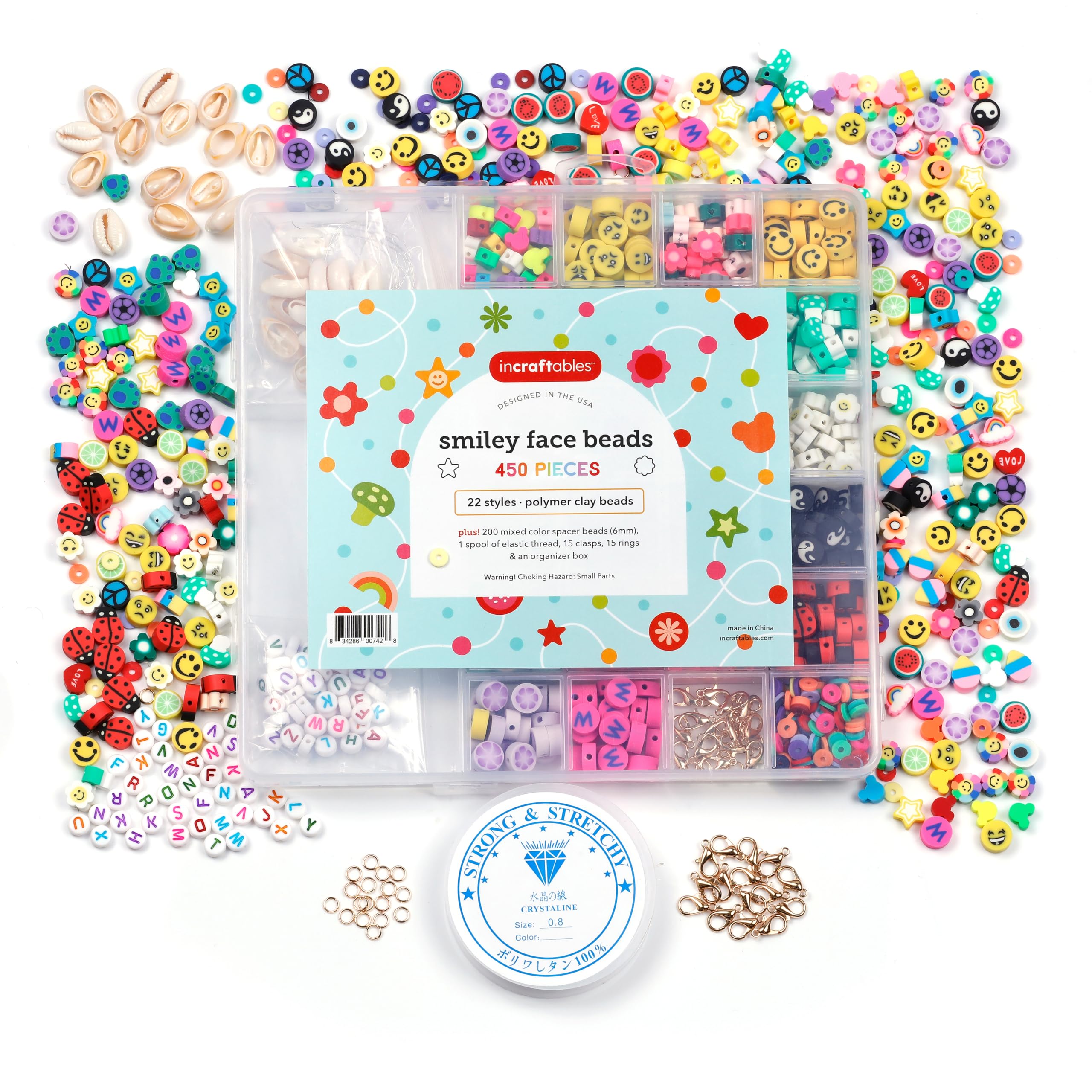 Incraftables Smiley Face Bracelet Beads for Jewelry Making (22 Styles). Friendship Bracelet Kit with Alphabet Beads. Cute Charms for Bracelet Making, Heart, Flower & Fruit Beads for Adults