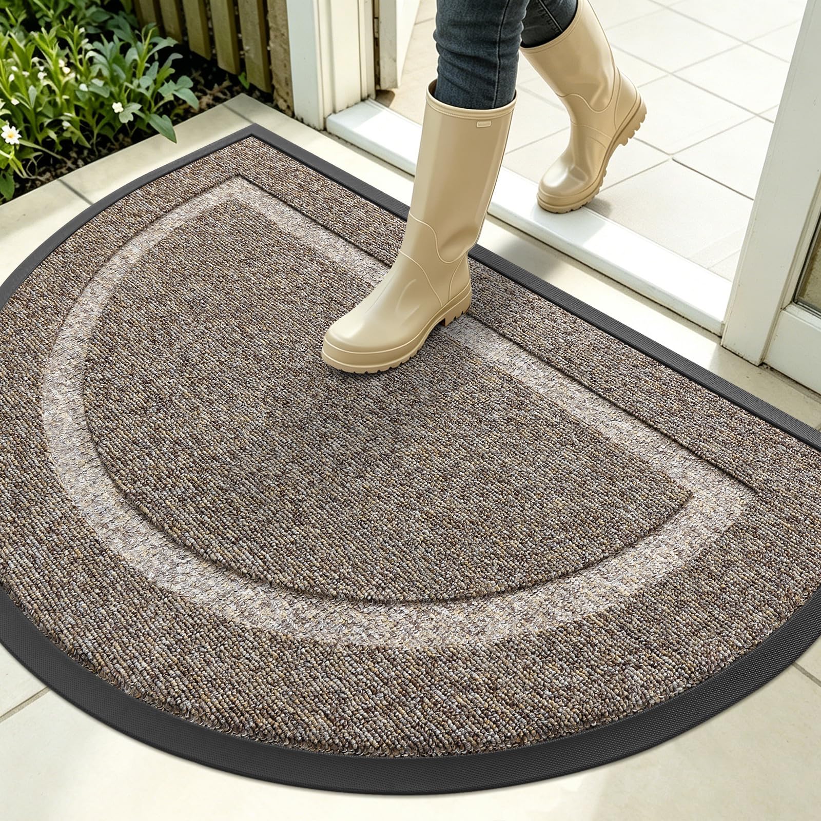 OLANLY Half Circle Front Door Mat Outside 35x23 All-Season Rubber Doormat | Khaki and White, Absorbent, Heavy-Duty, Stain and Fade Resistant, Non-Slip Backing, Low-Profile Indoor Outdoor Entryway Mat