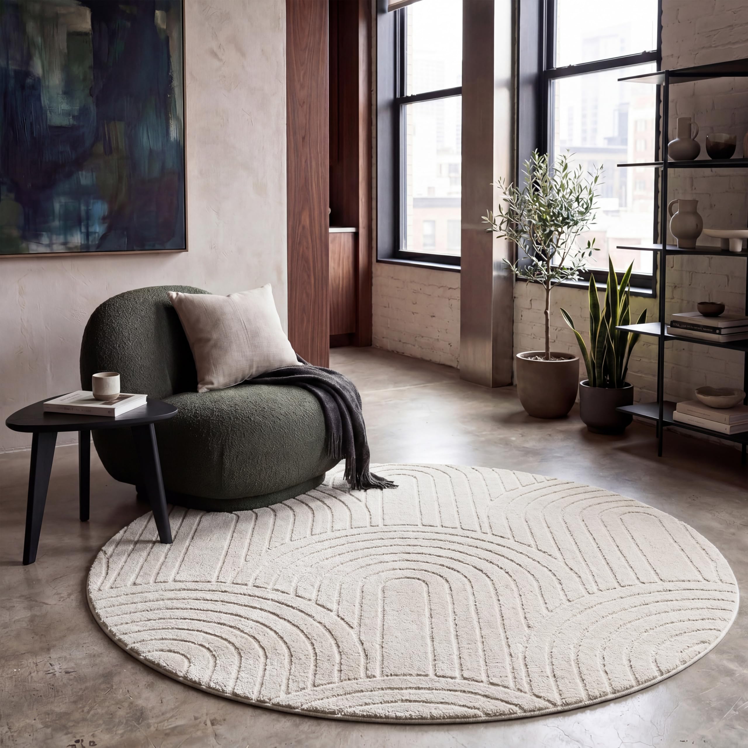Paco Home Teppich Wohnzimmer Schlafzimmer Hochflor Weich Uni Skandinavisch Boho Motiv 3D Optik Regenbogen Waschbar Creme, Grösse:160 cm Rund
