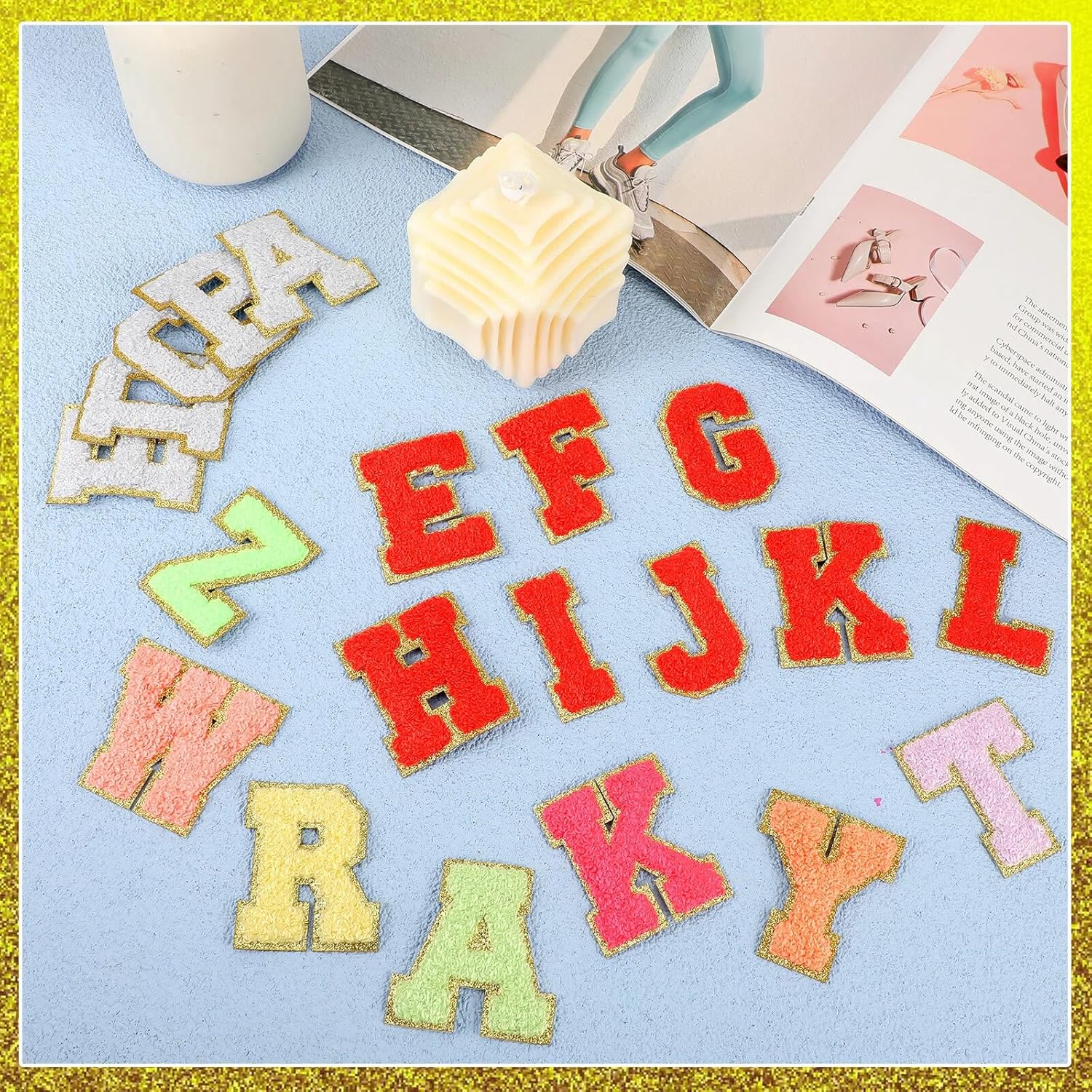 234 Pieces Chenille Letter Self Adhesive Patches 2.56 Inch Letter Patches Gold Glitter Border Chenille Stick on Embroidered for Fabric Clothing Repairing DIY Craft Decoration(Bright Color)