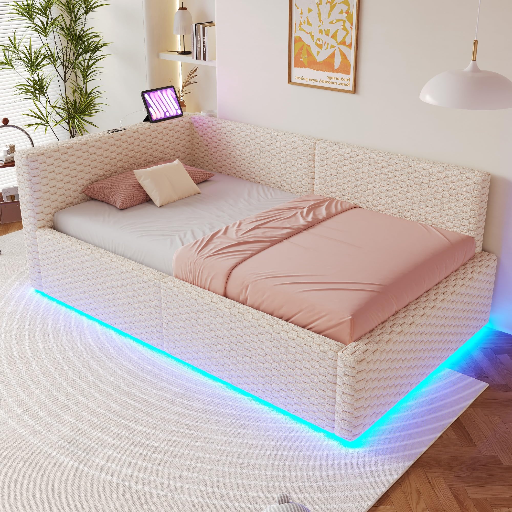 Cama con USB y Tipo C inteligente de 90x200 con almacenamiento y cabecero en L