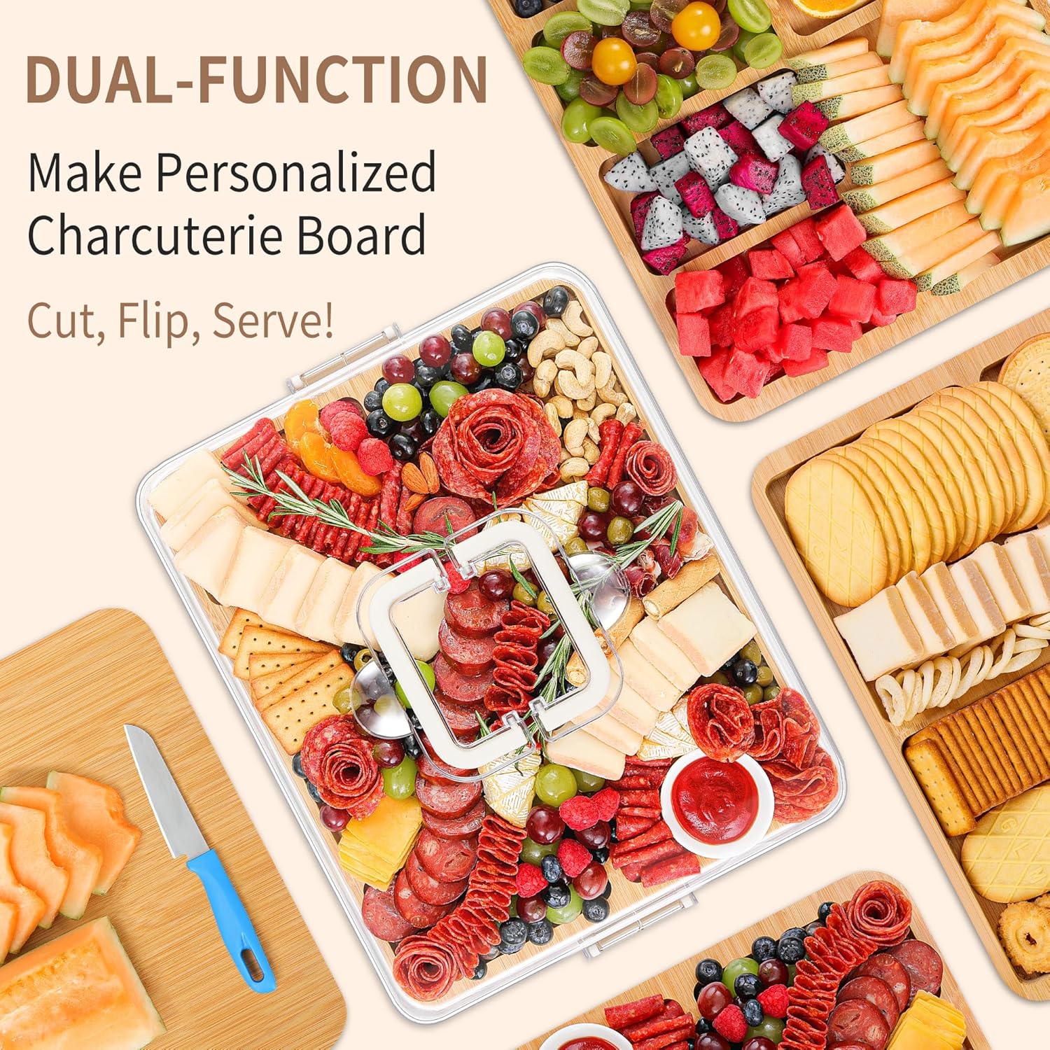 CAWIU Portable Travel Charcuterie Board with Lid and Handle - Large Bamboo Cheese Board with 4 Cheese Knife Set for Outdoor, Picnics - Weddings, House Warming Gift for Women (6 Compartments, White)