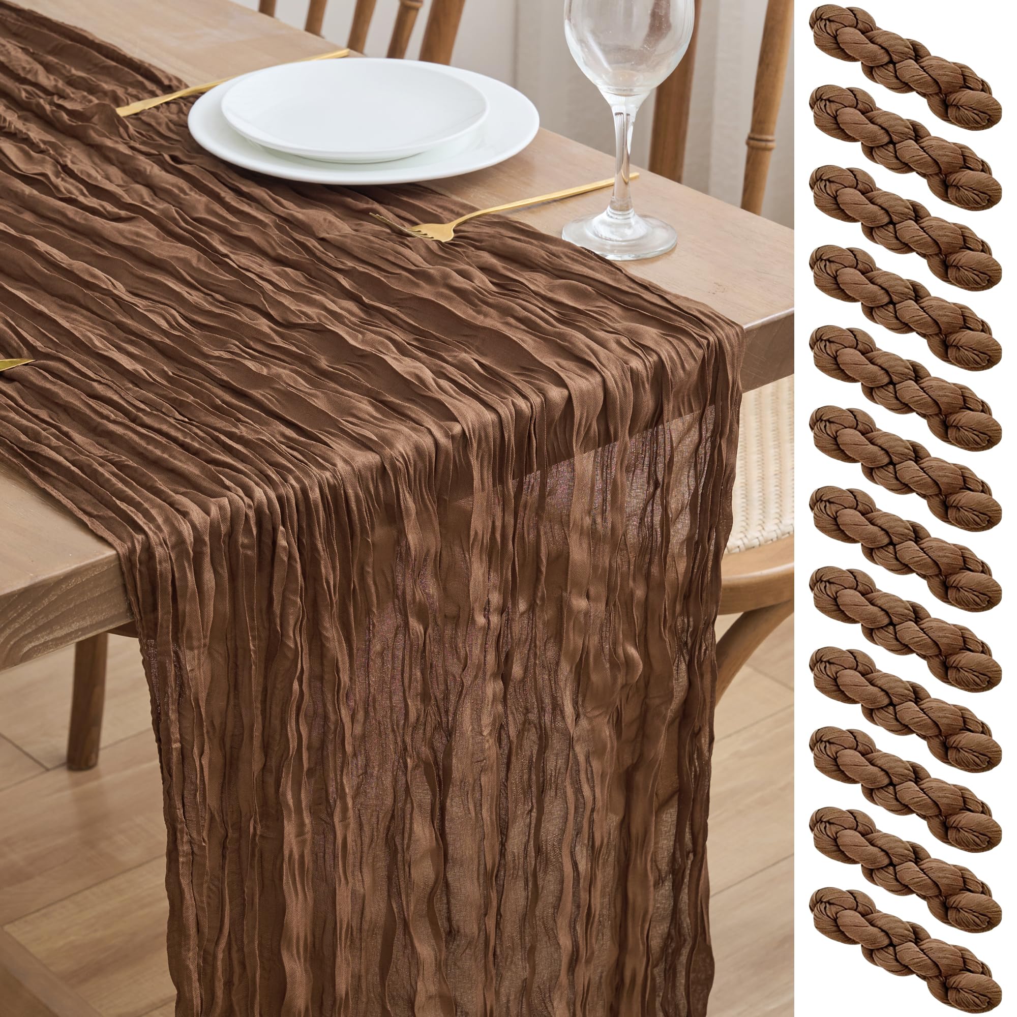 Asee'm 12pcs Cheesecloth Table Runner 120 Inches Long Brown Boho Gauze Cheese Cloth Runner 10FT Rustic Sheer Fall Table Runners for Thanksgiving