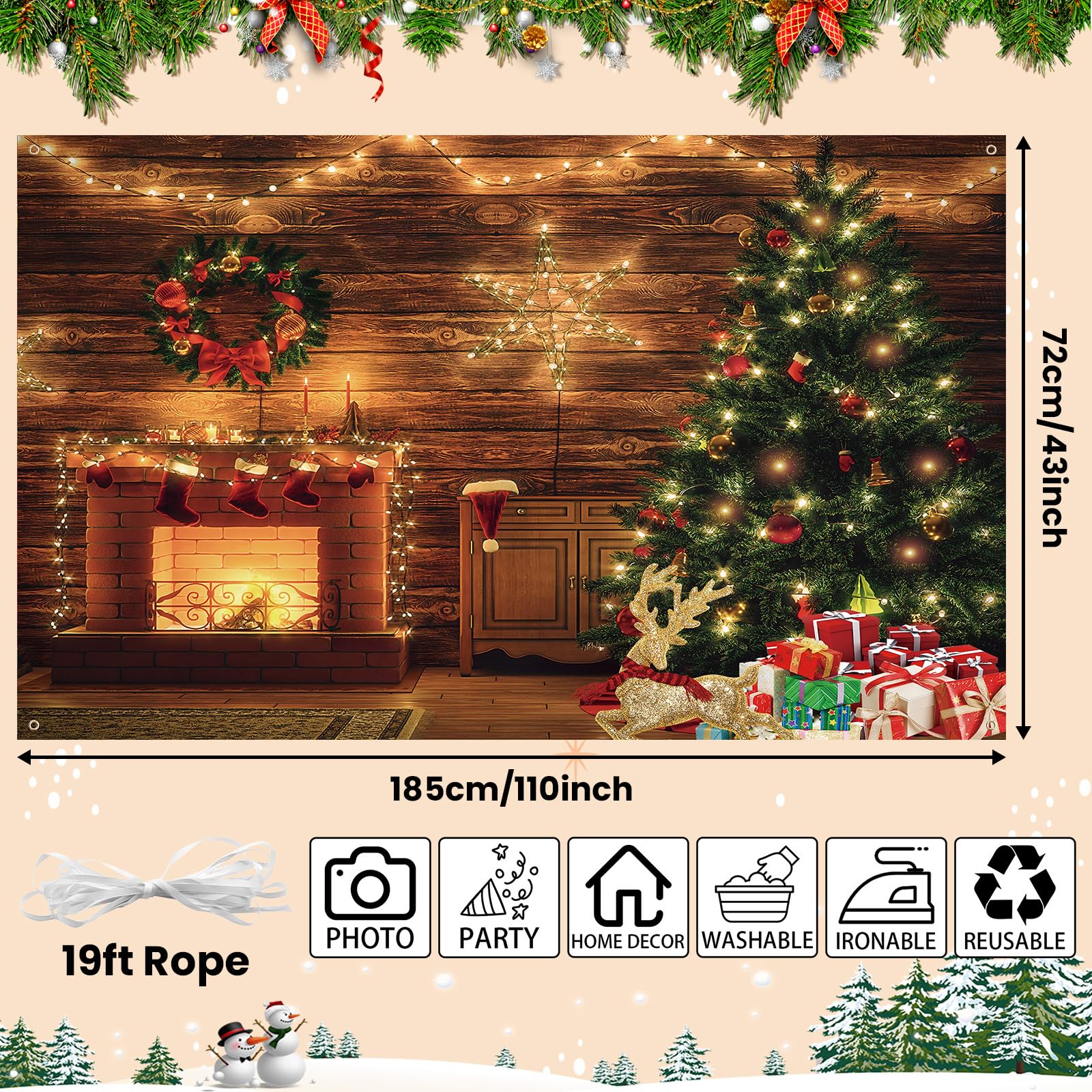 Merry Christmas Backdrop Banner, Large Tree Gifts Photo Booth Sign Background Fabric - Image 2