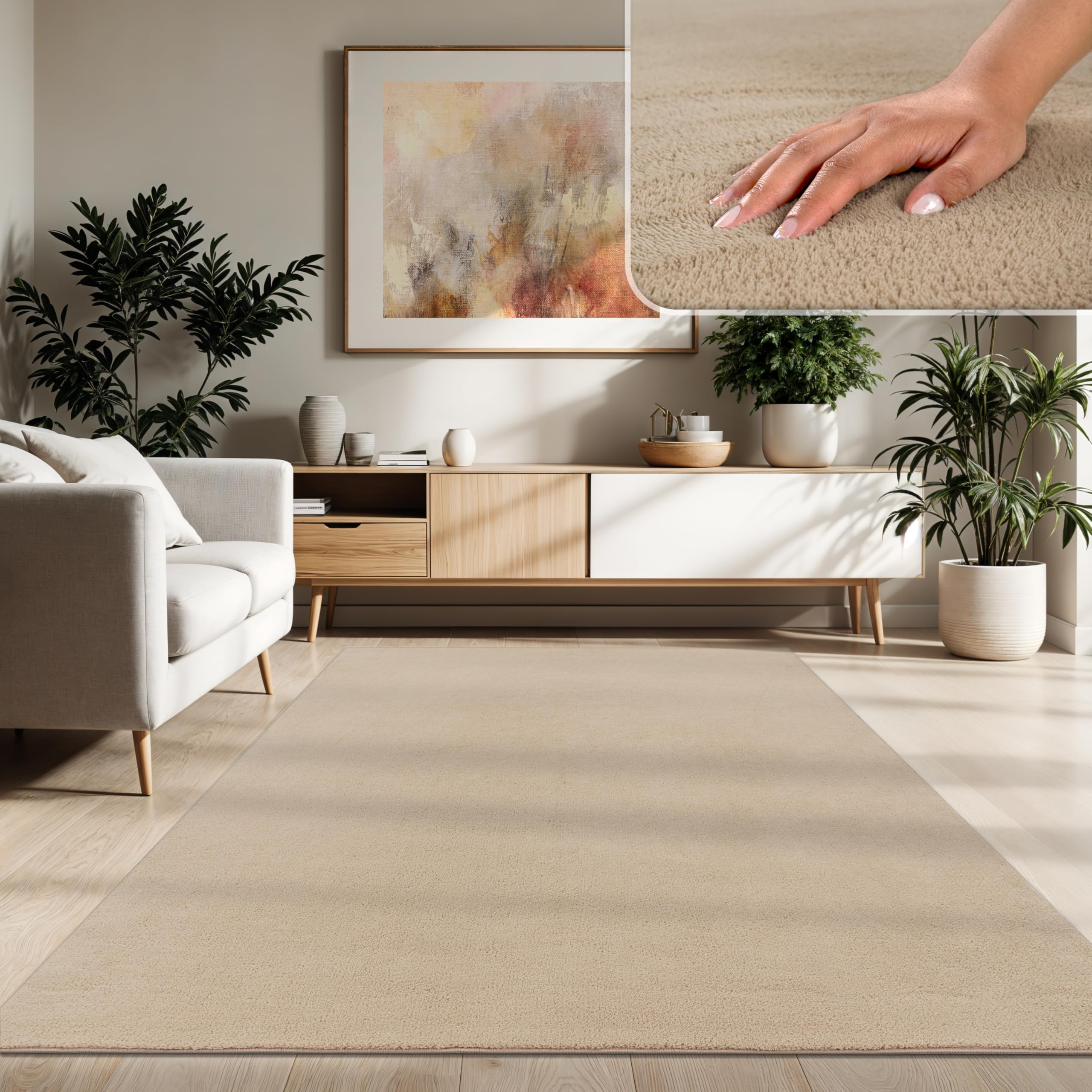 Paco Home Modern Cosy Living Room Rug Short Pile Washable Fluffy Soft Unicolor Fur Look Easy to Clean Non Slip, Size:160x220 cm, Colour:Beige 2