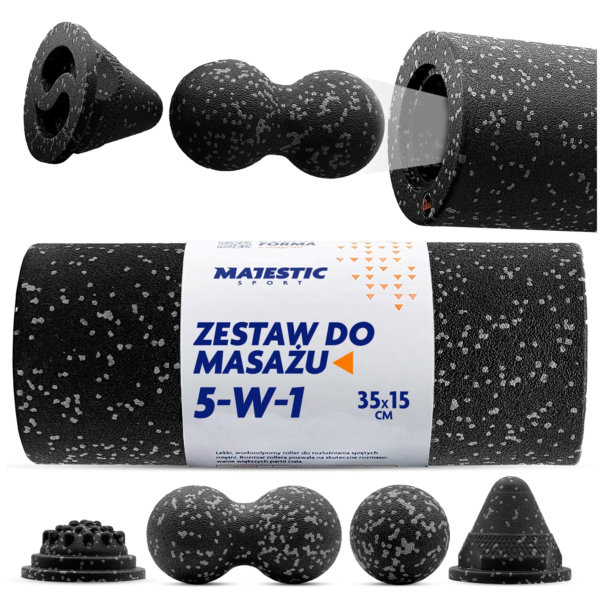 Majesatic Sport Tenso Oculto, 5-częściowy zestaw rolek do masażu powięzi, wałek do masażu powięzi 35 x 15 cm, podwójna piłka, lacrosse, urządzenie do masażu punktów spustowych, przycisk spustowy