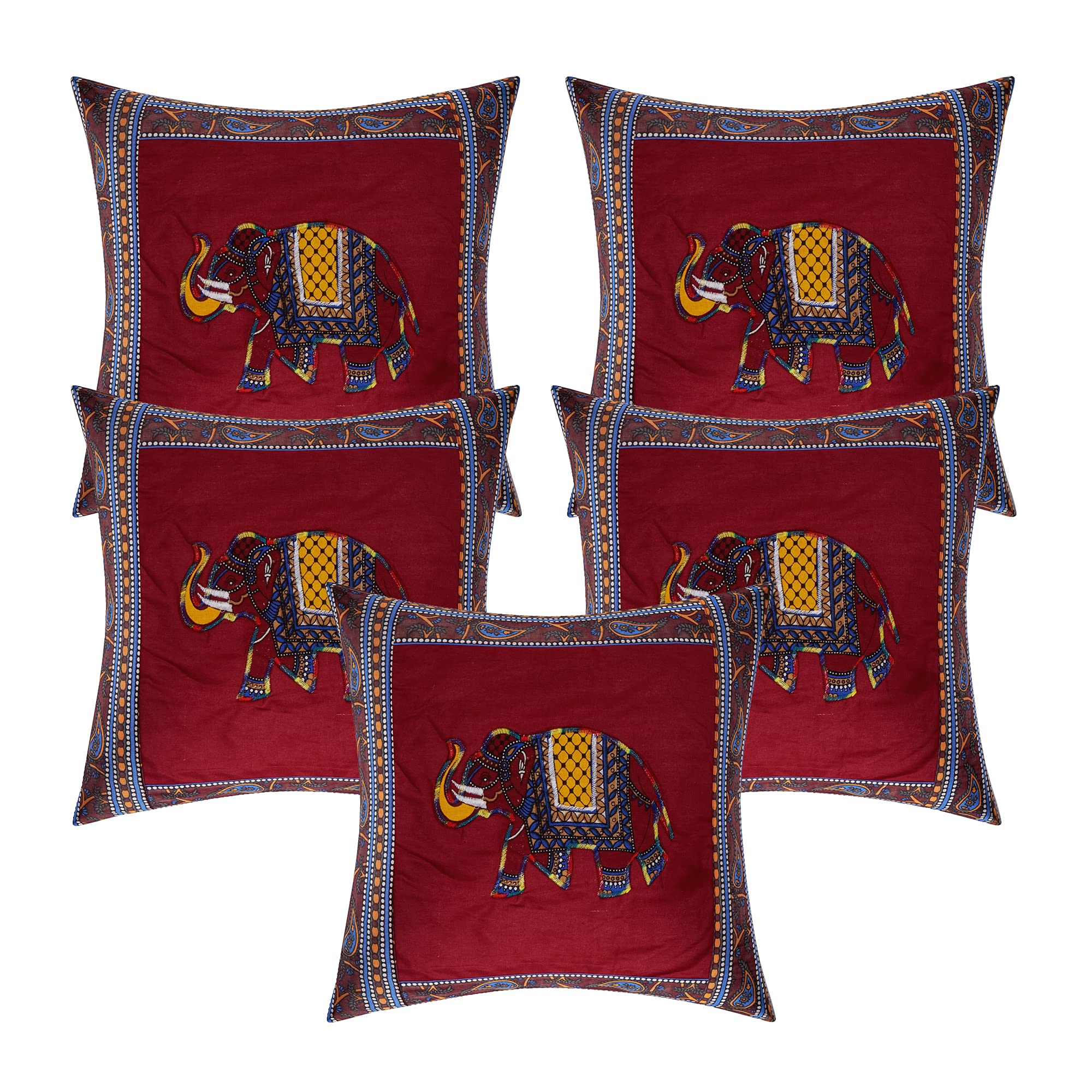 ManavRachit Cotton 180 TC Patch Work Hathi/Elephant Print Throw Pillow/Cushion Covers (16 inches x 16 inches) for Home & Living Room, Sofa (Set of 5)(Maroon)