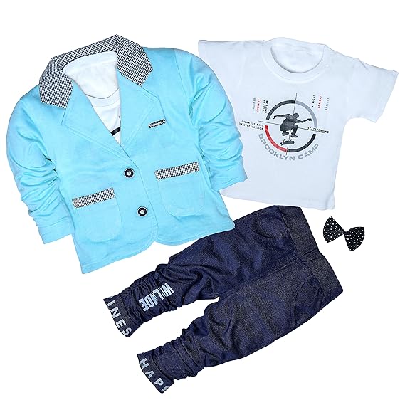 Komal Creation Solid Full Sleeve Jacket Coat Blazer with T-Shirt and Black Trouser Pant 3 Pc Party Suit Set for Little Boys
