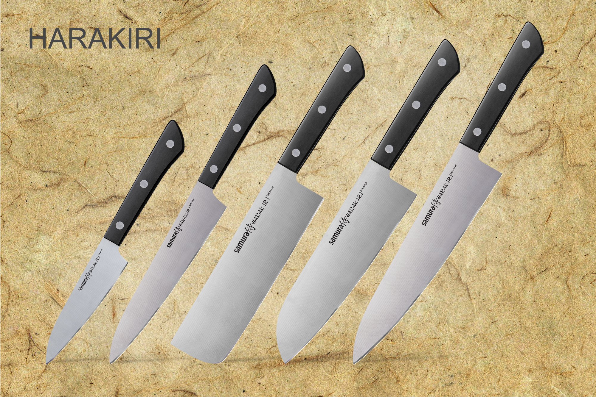 SAMURA Harakiri Profi Messer XXL Geschenk Set Ultra-scharf, AUS 8, Gemüsemesser, Allzweckmesser, Nakiri-Messer, Santoku-Messer, Kochmesser, schwarzer Griff (Schwarz)