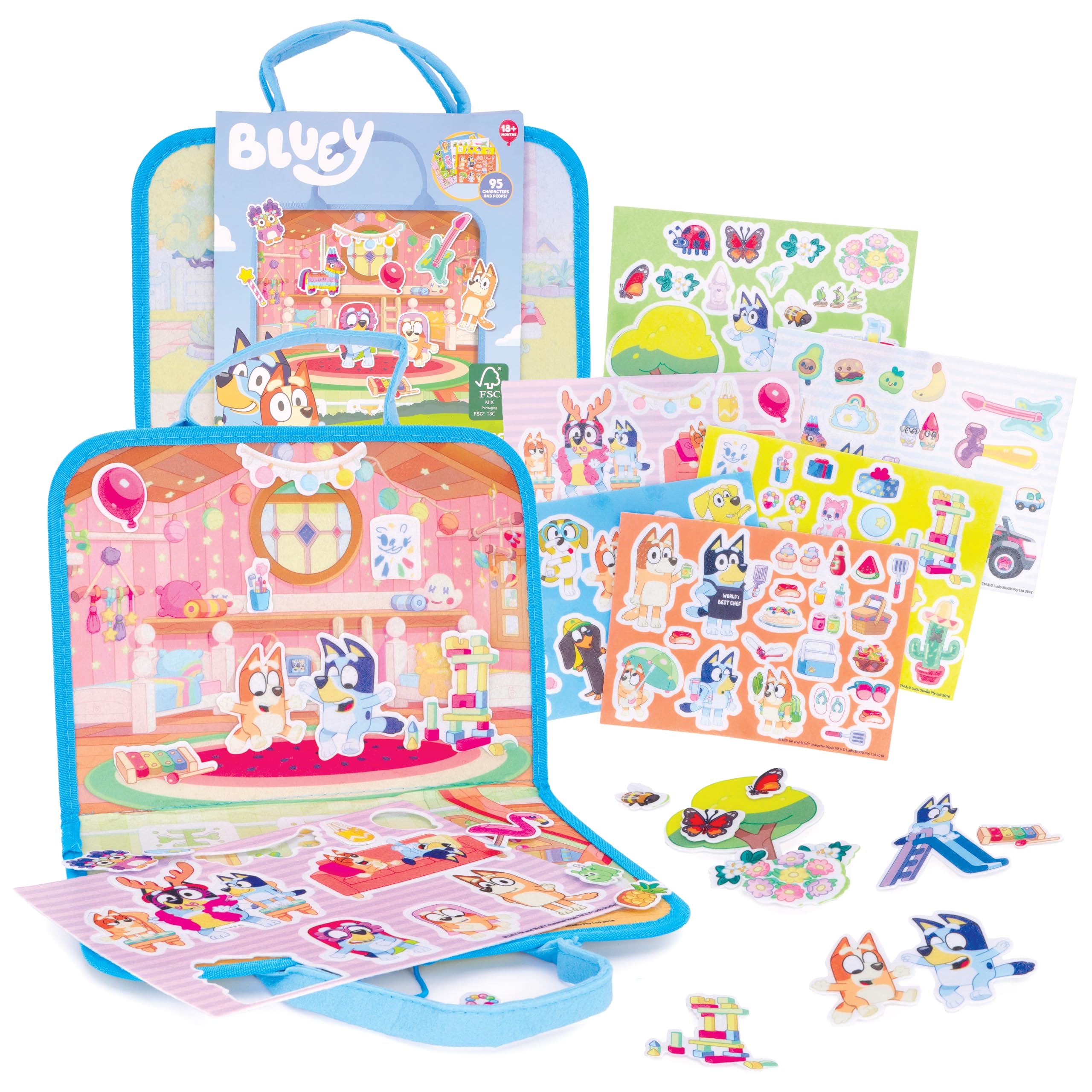 Toyland® 96 Piece Bluey Felt Activity Set, Portable Carry Case with 2 Scene Backgrounds, 95 Characters & Props