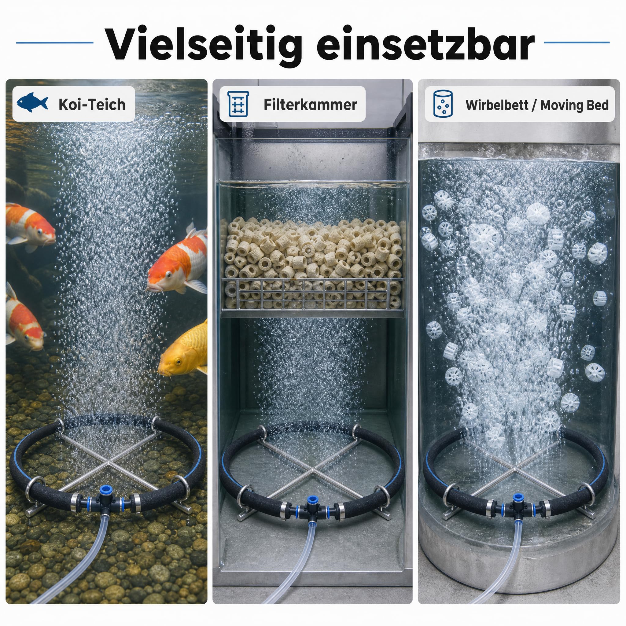 Pondlife Teichbelüfter Belüfterring 50 cm, japanischer Luftausströmer, selbstsinkend mit Edelstahlkreuz, feine Perlung, für Teichbelüftung, Koi-Teich und Filterkammern, Schlauch mit Innenmaß 16 mm