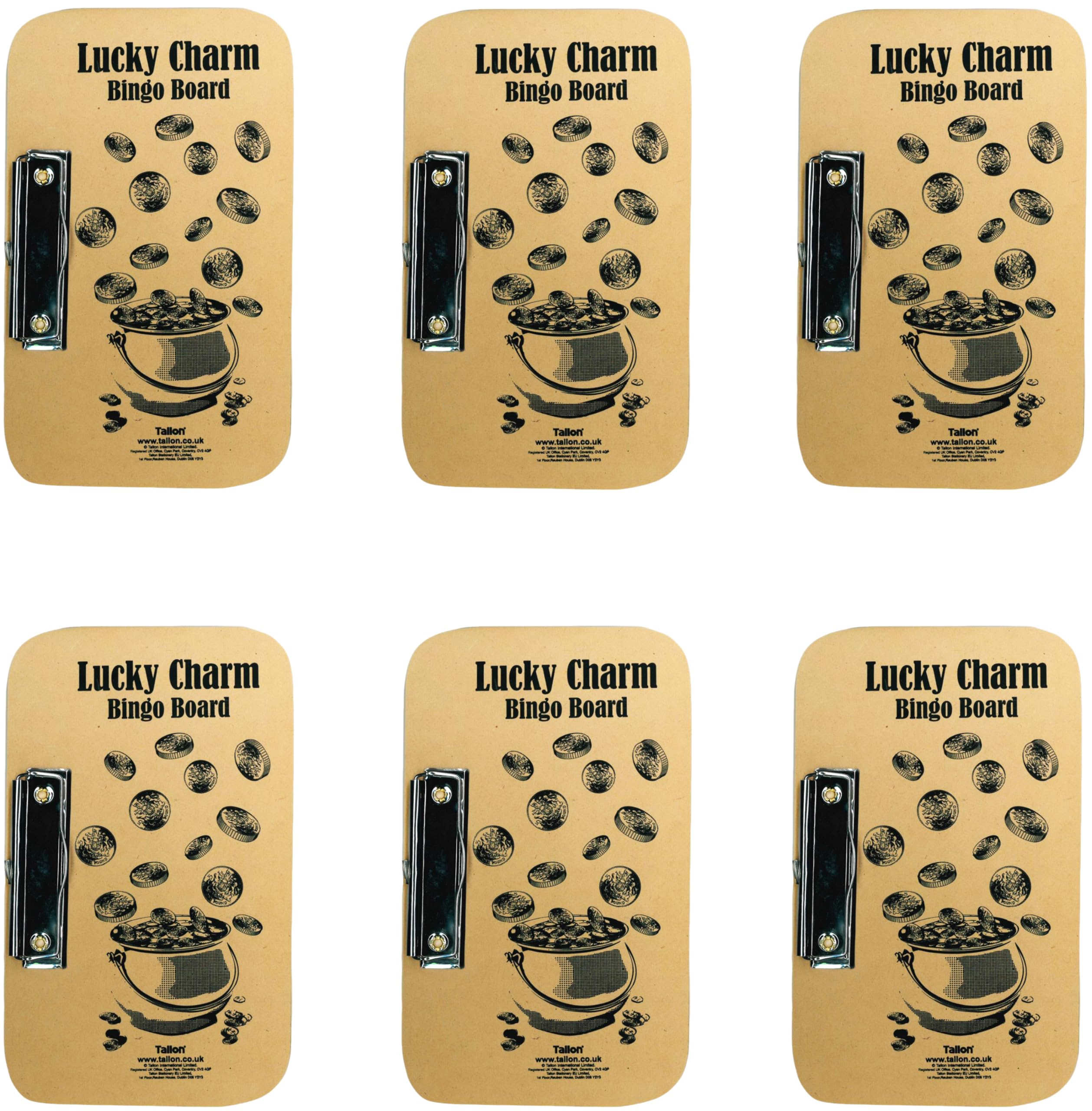 Tallon 6x Lucky Charm Bingo Boards, Left Hand Clasp Clip, Sturdy Hardboard, 24cm x 15cm, Ages 3+