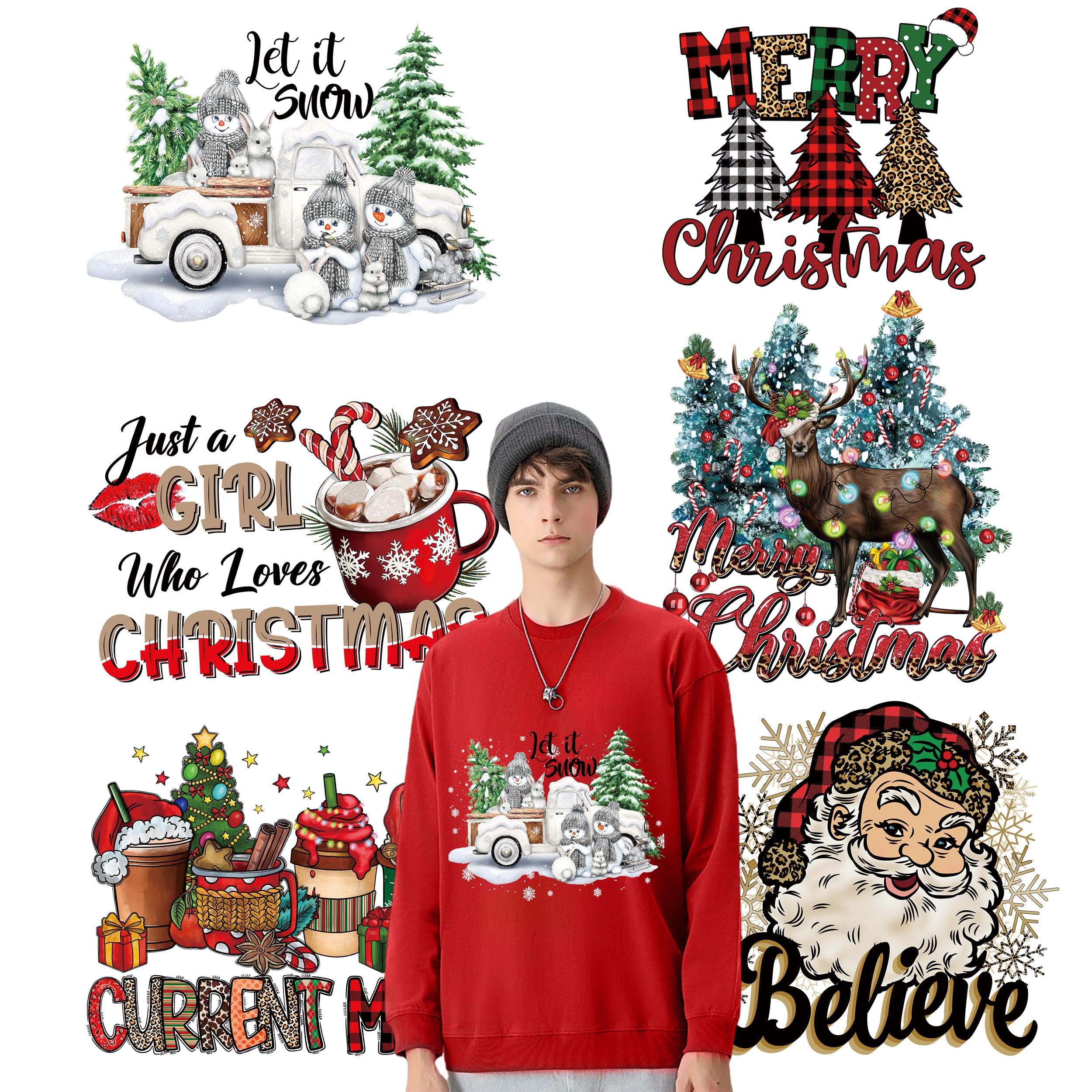 6 Sheets Christmas Iron on Transfer Stickers Xmas Heat Transfer Vinyl Patches Santa Claus Christmas Tree Snowman Reindeer Design Iron on Decals for